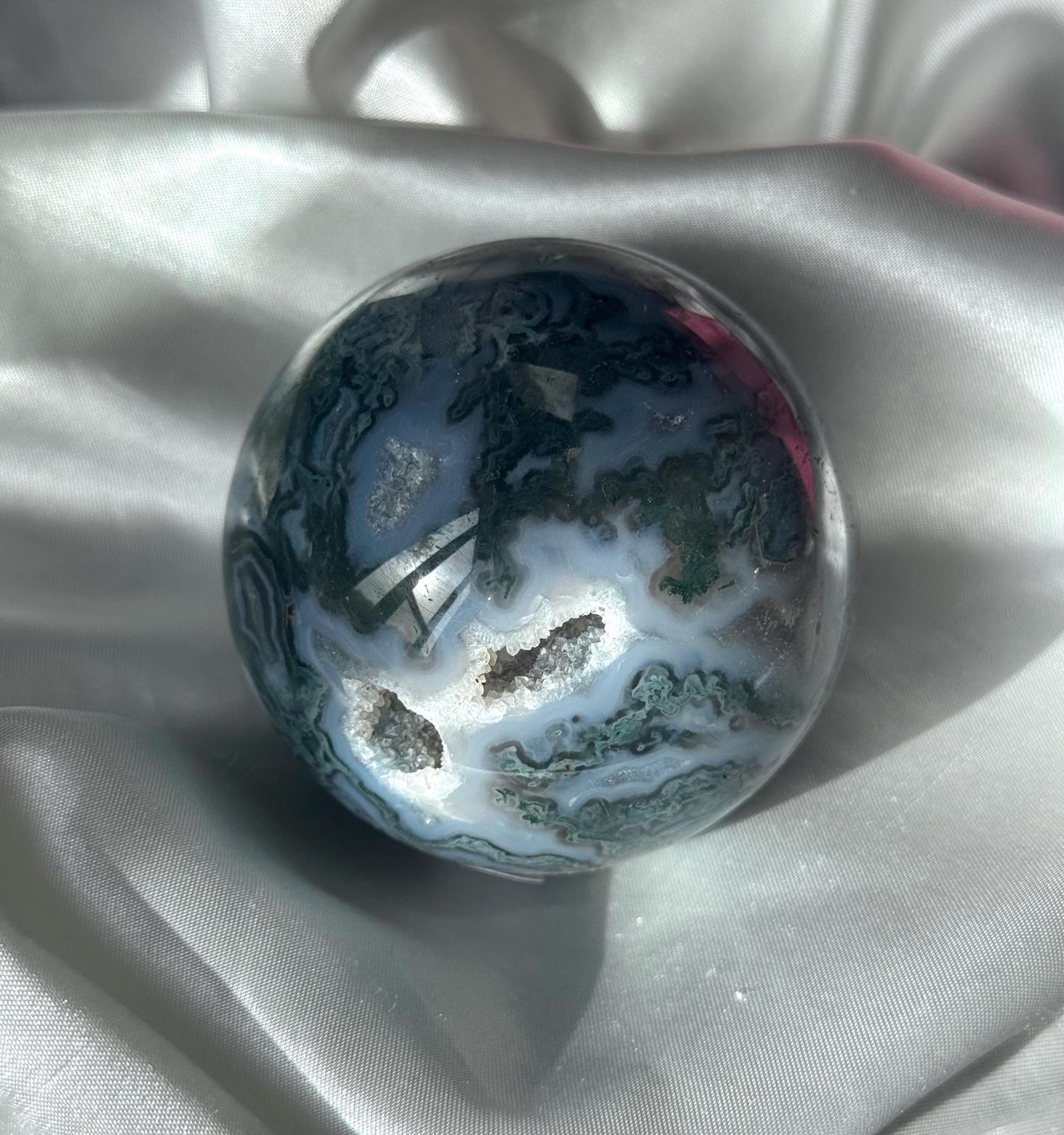 Beautiful Druzy Moss Agate Sphere 66mm | Moss Agate Crystal Ball