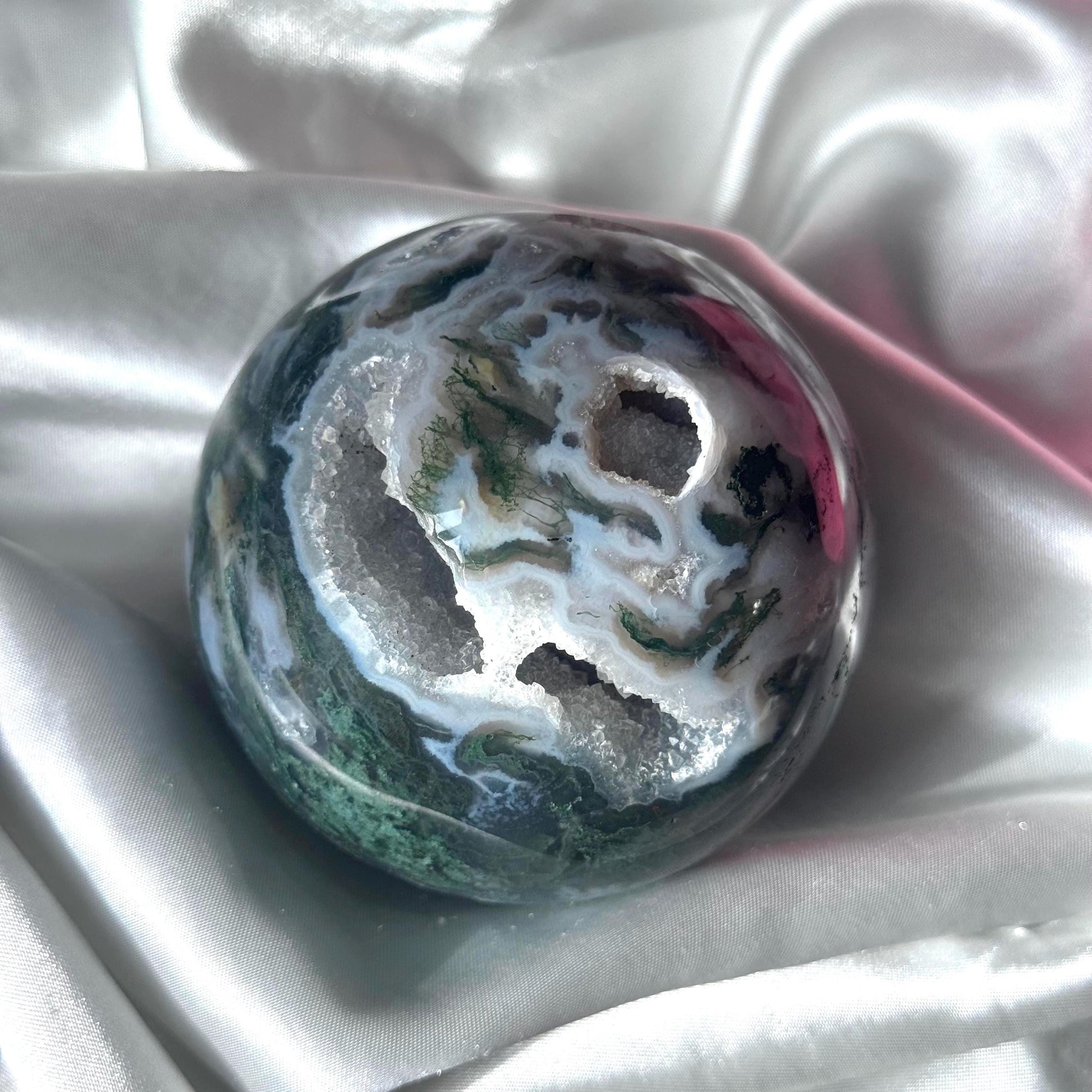 Beautiful Druzy Moss Agate Sphere 80mm | Moss Agate Crystal Ball