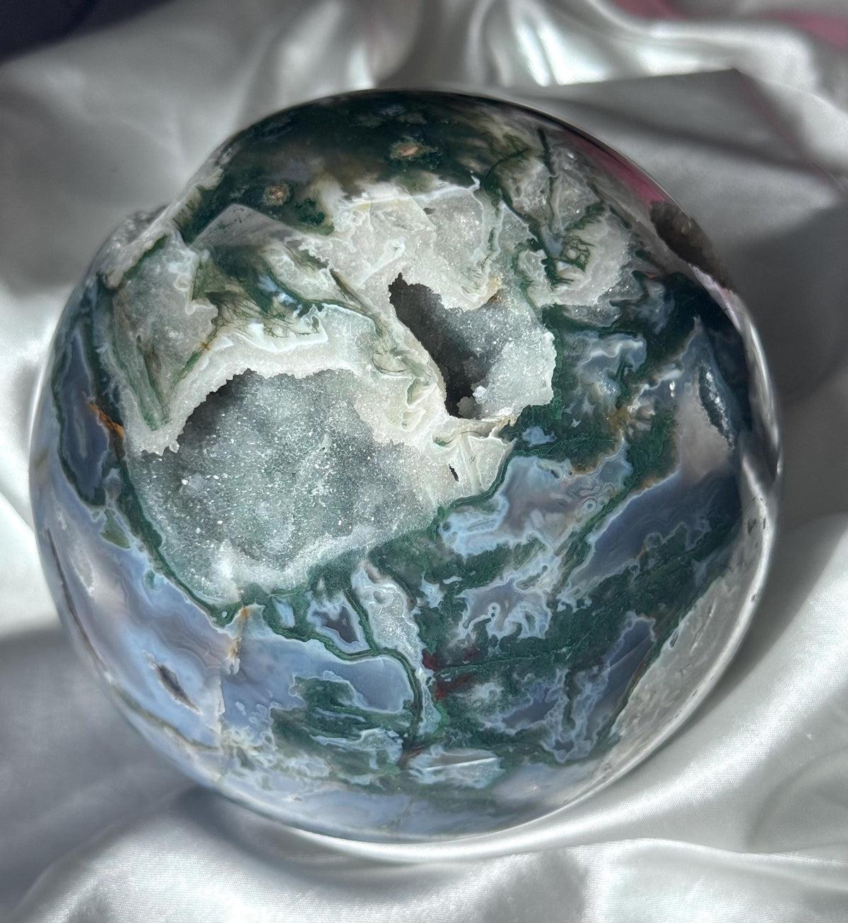 XL Gorgeous Druzy Moss Agate Sphere 3.373kg 120mm Moss Agate Crystal Ball