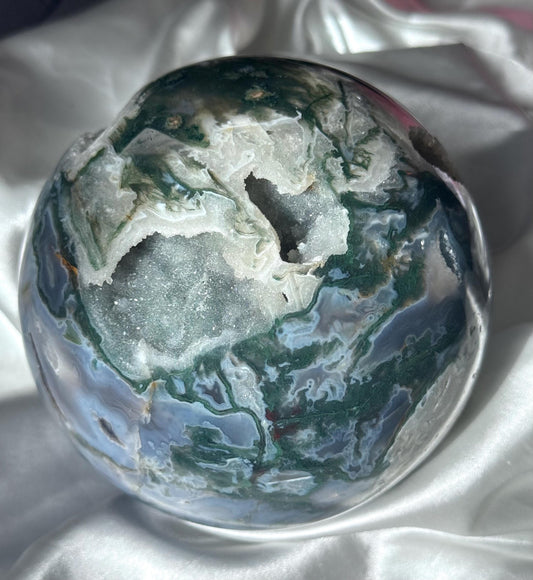 XL Gorgeous Druzy Moss Agate Sphere 3.373kg 120mm Moss Agate Crystal Ball