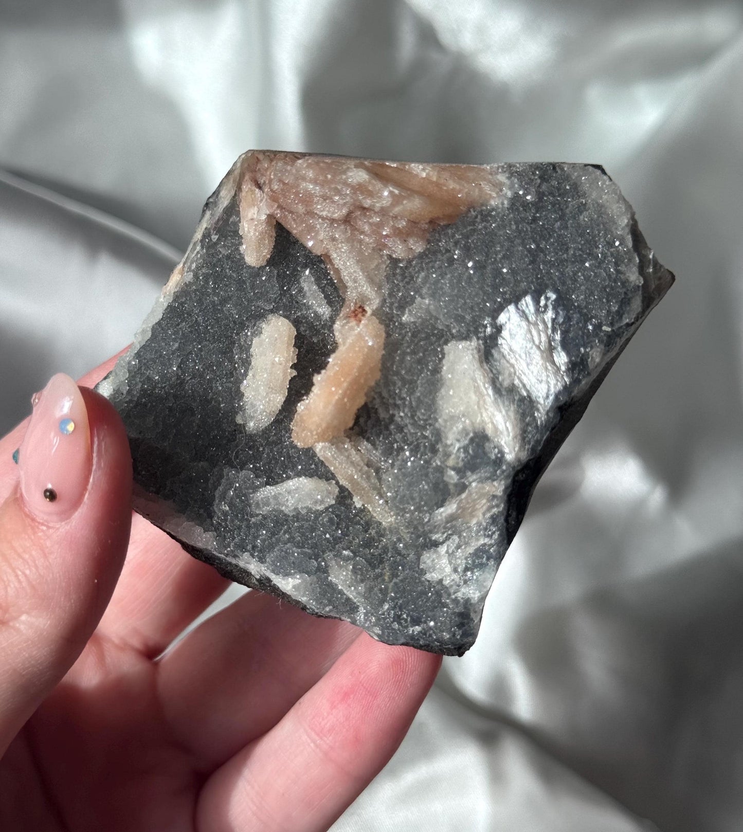 Beautiful Druzy Blue Chalcedony with Peach Stillbites Cluster from India