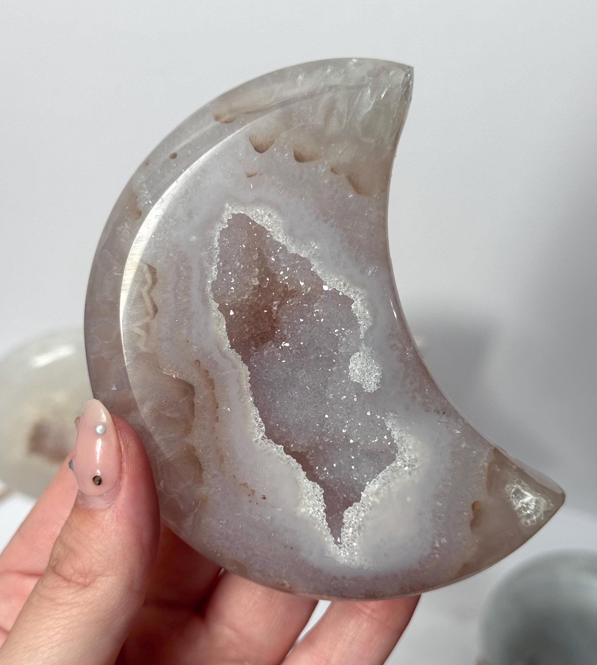 Stunning Druzy Agate Moon with Stand | Sugar Druzy Agate Crescent Moon Carving with Display Stand