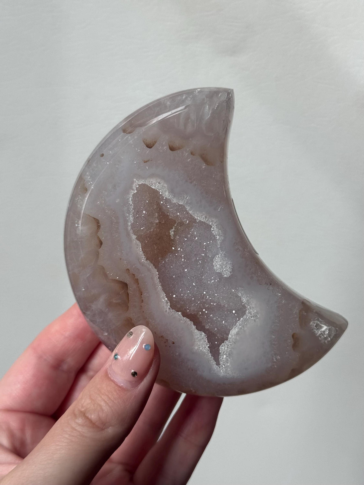 Stunning Druzy Agate Moon with Stand | Sugar Druzy Agate Crescent Moon Carving with Display Stand