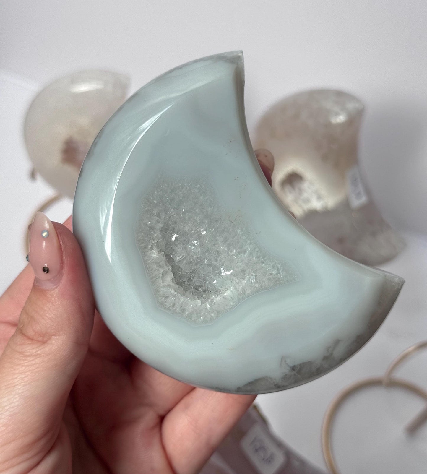 Stunning Druzy Agate Moon with Stand | Sugar Druzy Agate Crescent Moon Carving with Display Stand