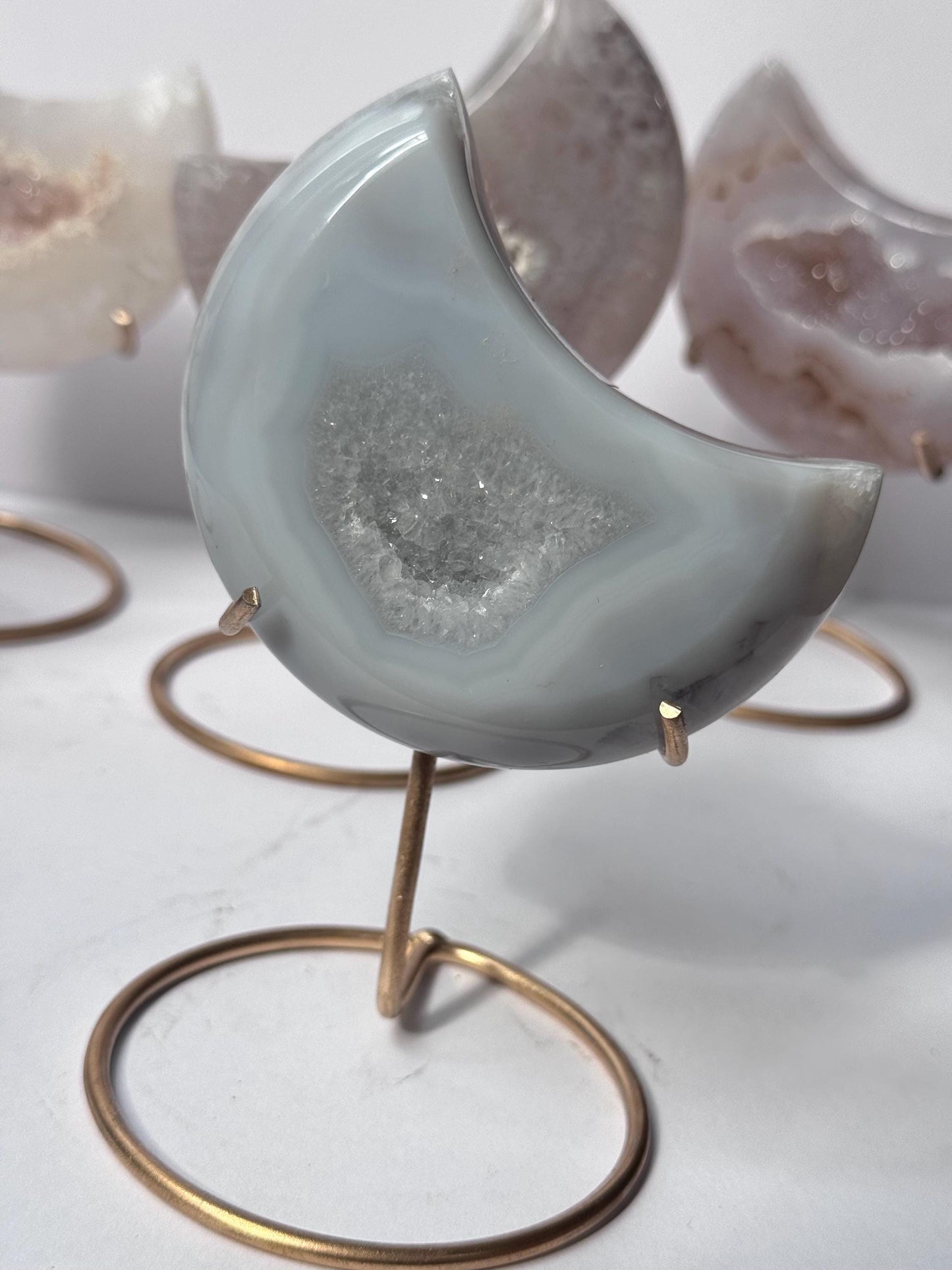 Stunning Druzy Agate Moon with Stand | Sugar Druzy Agate Crescent Moon Carving with Display Stand