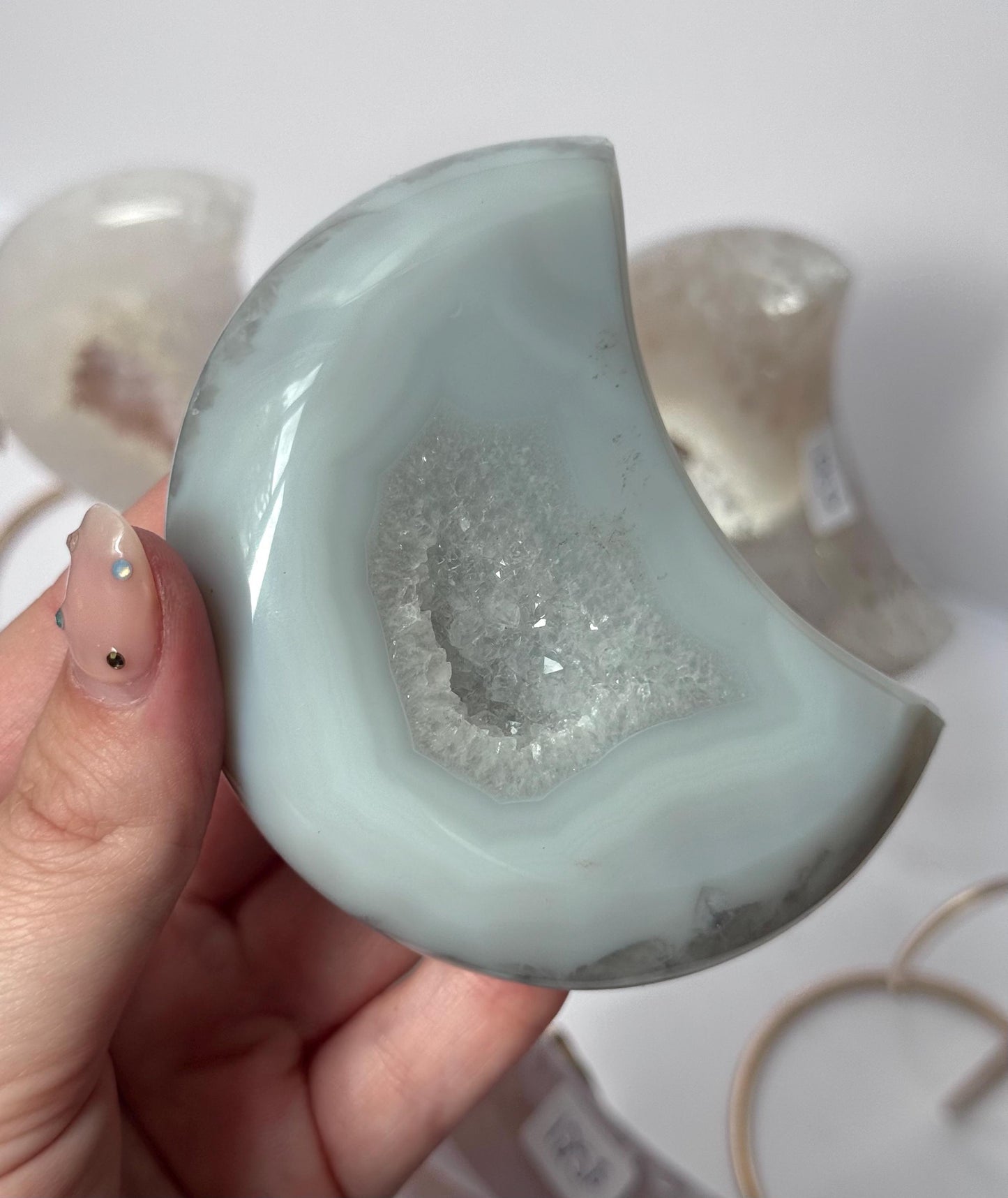 Stunning Druzy Agate Moon with Stand | Sugar Druzy Agate Crescent Moon Carving with Display Stand