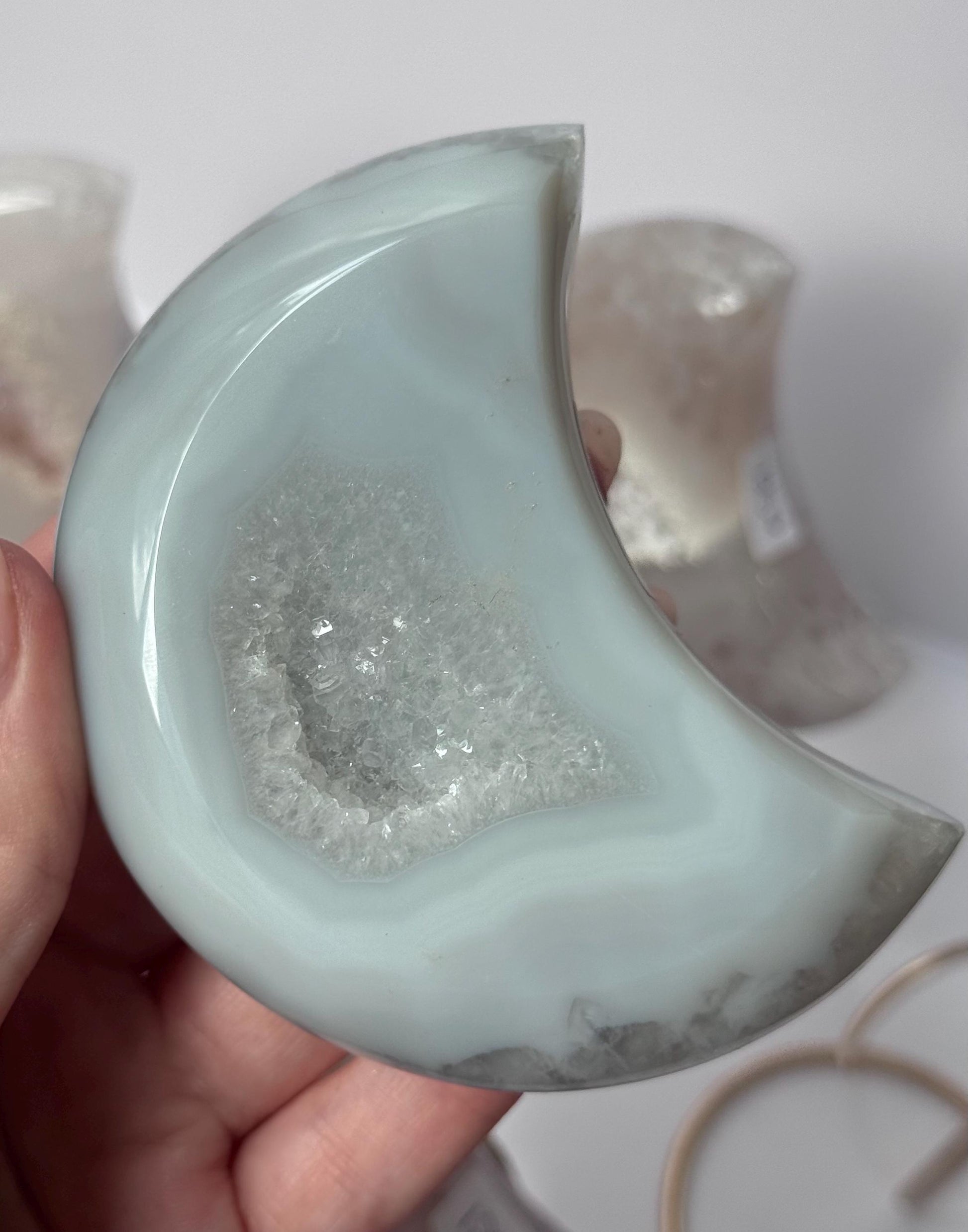 Stunning Druzy Agate Moon with Stand | Sugar Druzy Agate Crescent Moon Carving with Display Stand