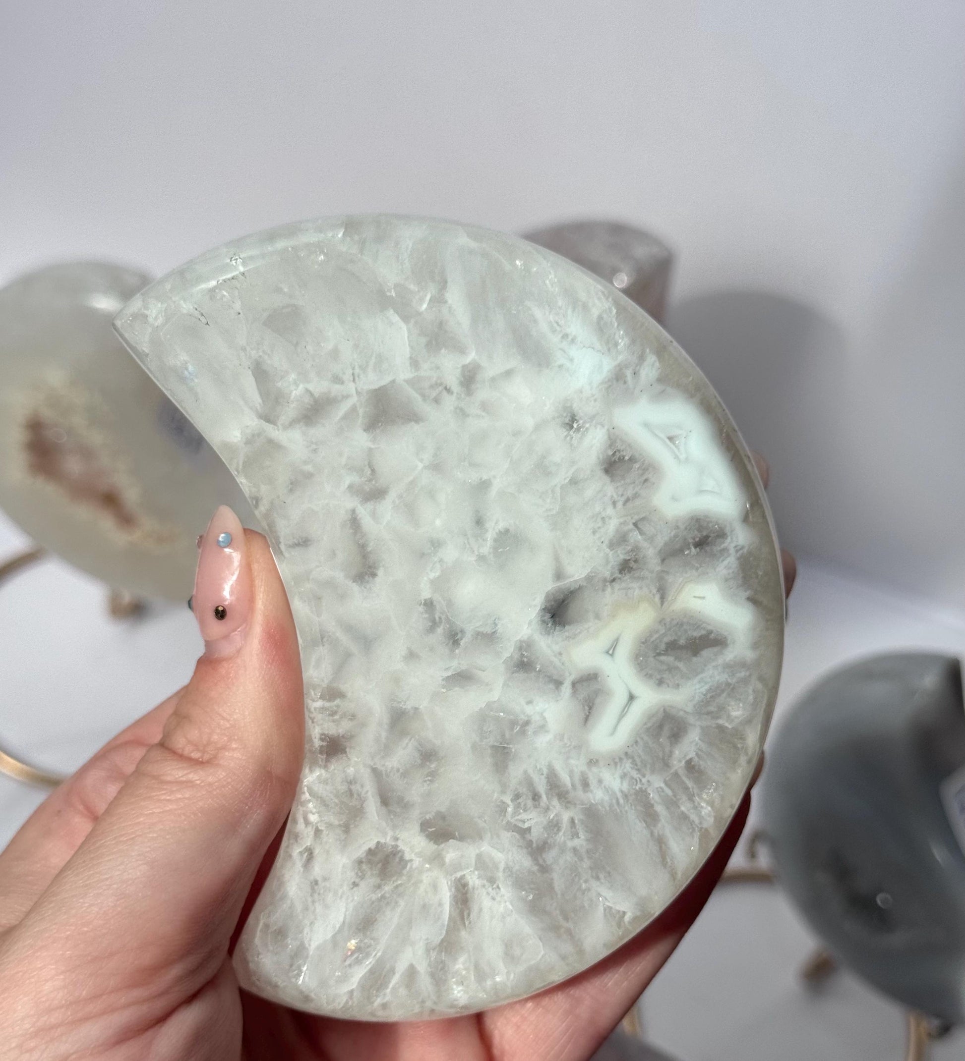 Stunning Druzy Agate Moon with Stand | Sugar Druzy Agate Crescent Moon Carving with Display Stand