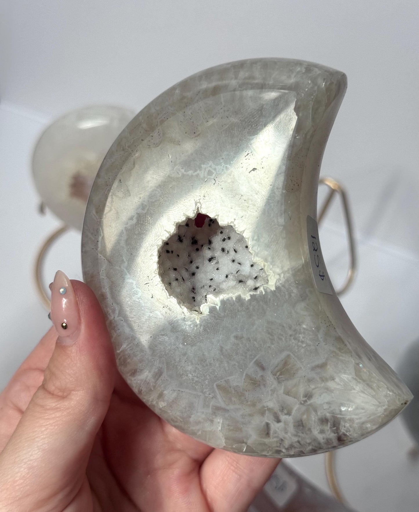 Stunning Druzy Agate Moon with Stand | Sugar Druzy Agate Crescent Moon Carving with Display Stand