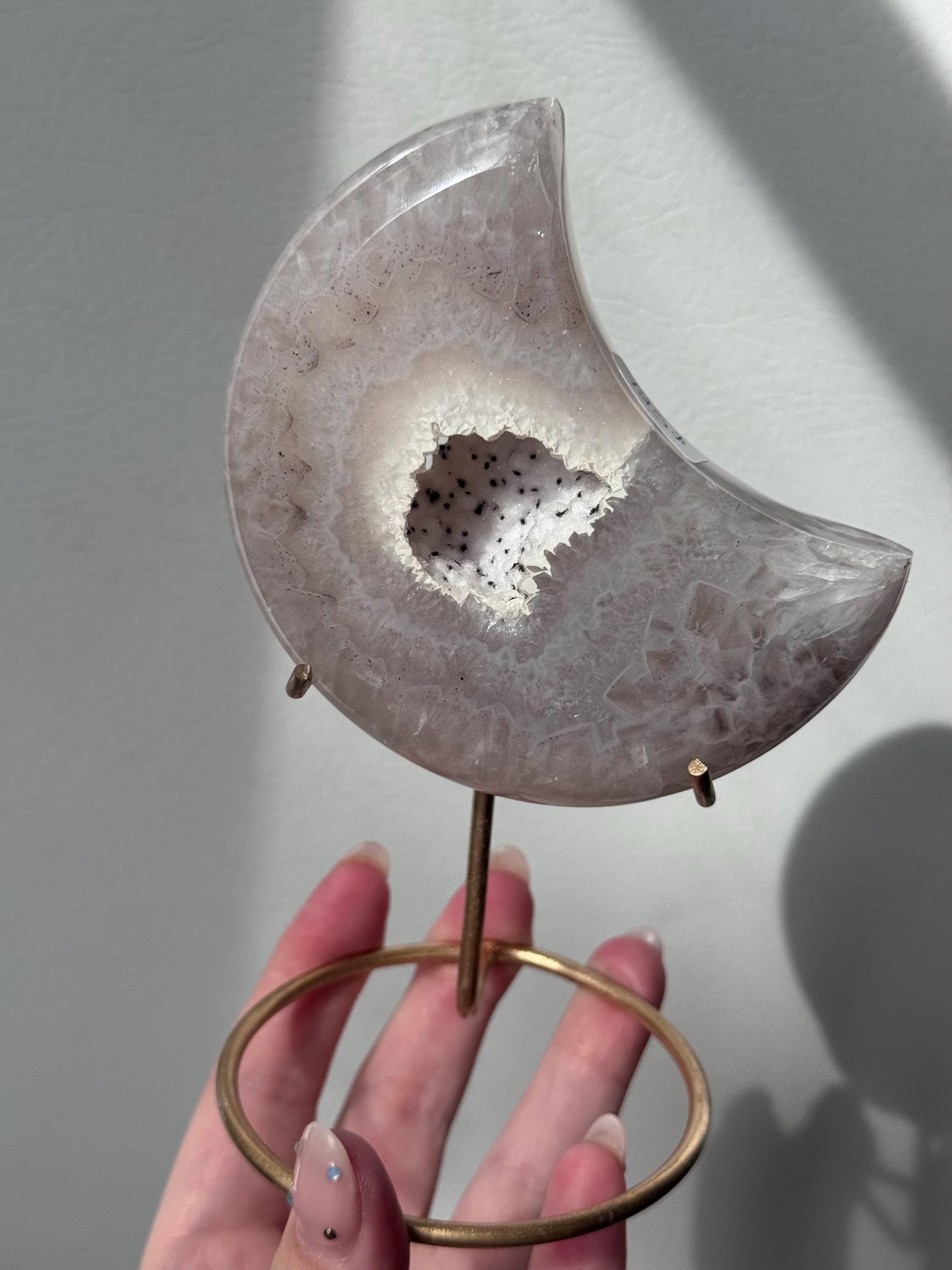 Stunning Druzy Agate Moon with Stand | Sugar Druzy Agate Crescent Moon Carving with Display Stand