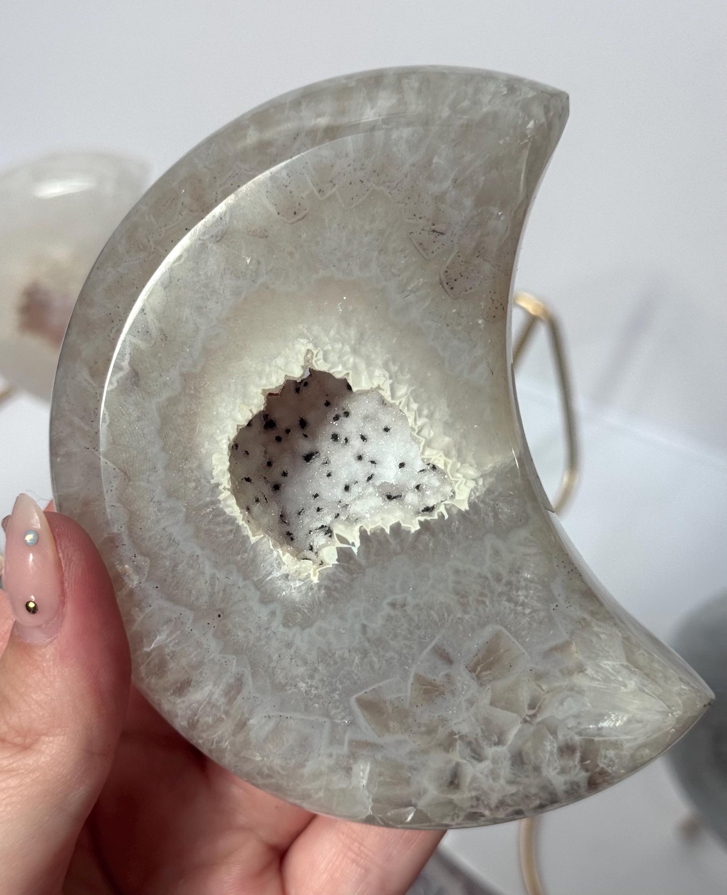 Stunning Druzy Agate Moon with Stand | Sugar Druzy Agate Crescent Moon Carving with Display Stand