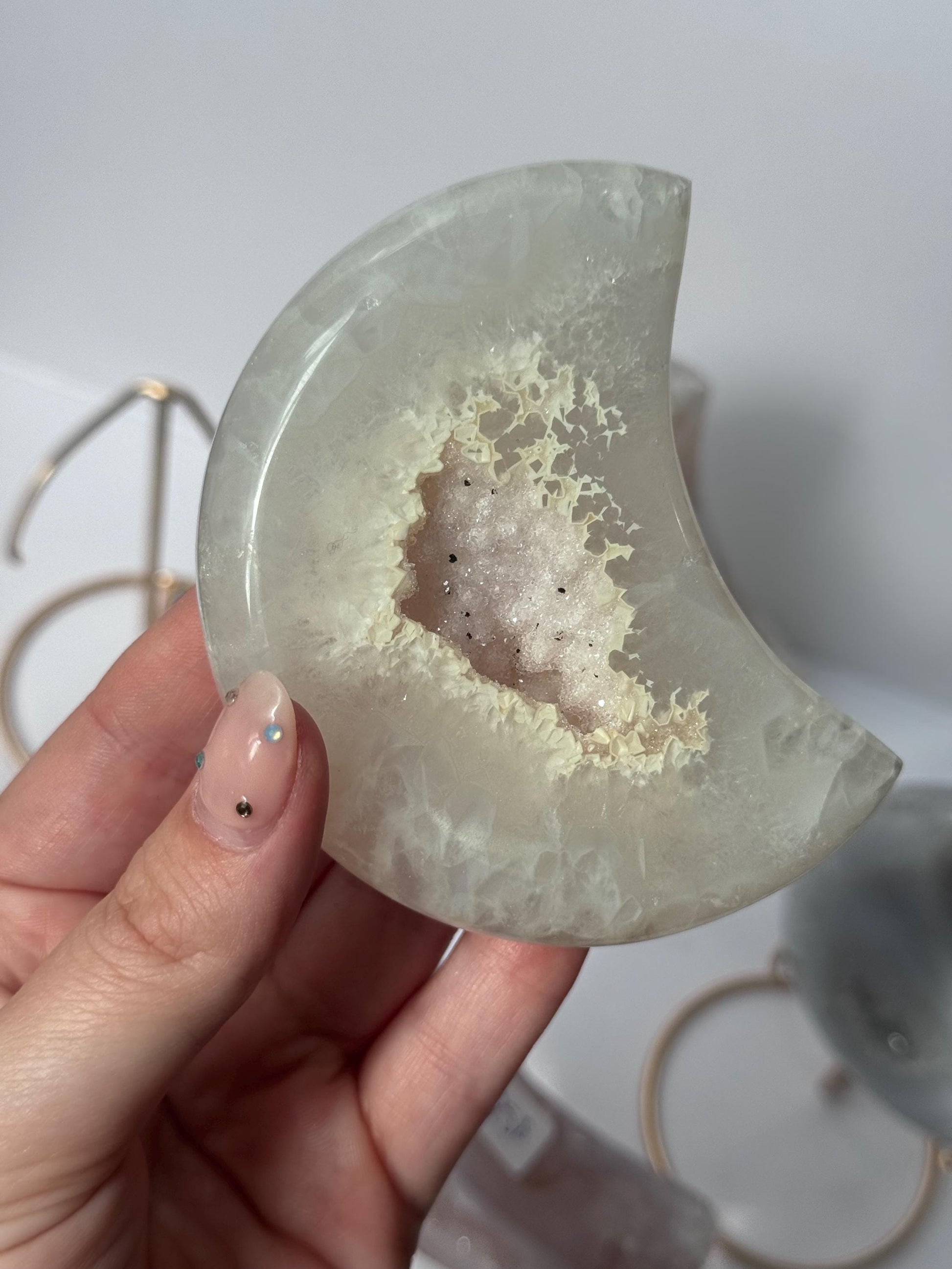 Stunning Druzy Agate Moon with Stand | Sugar Druzy Agate Crescent Moon Carving with Display Stand