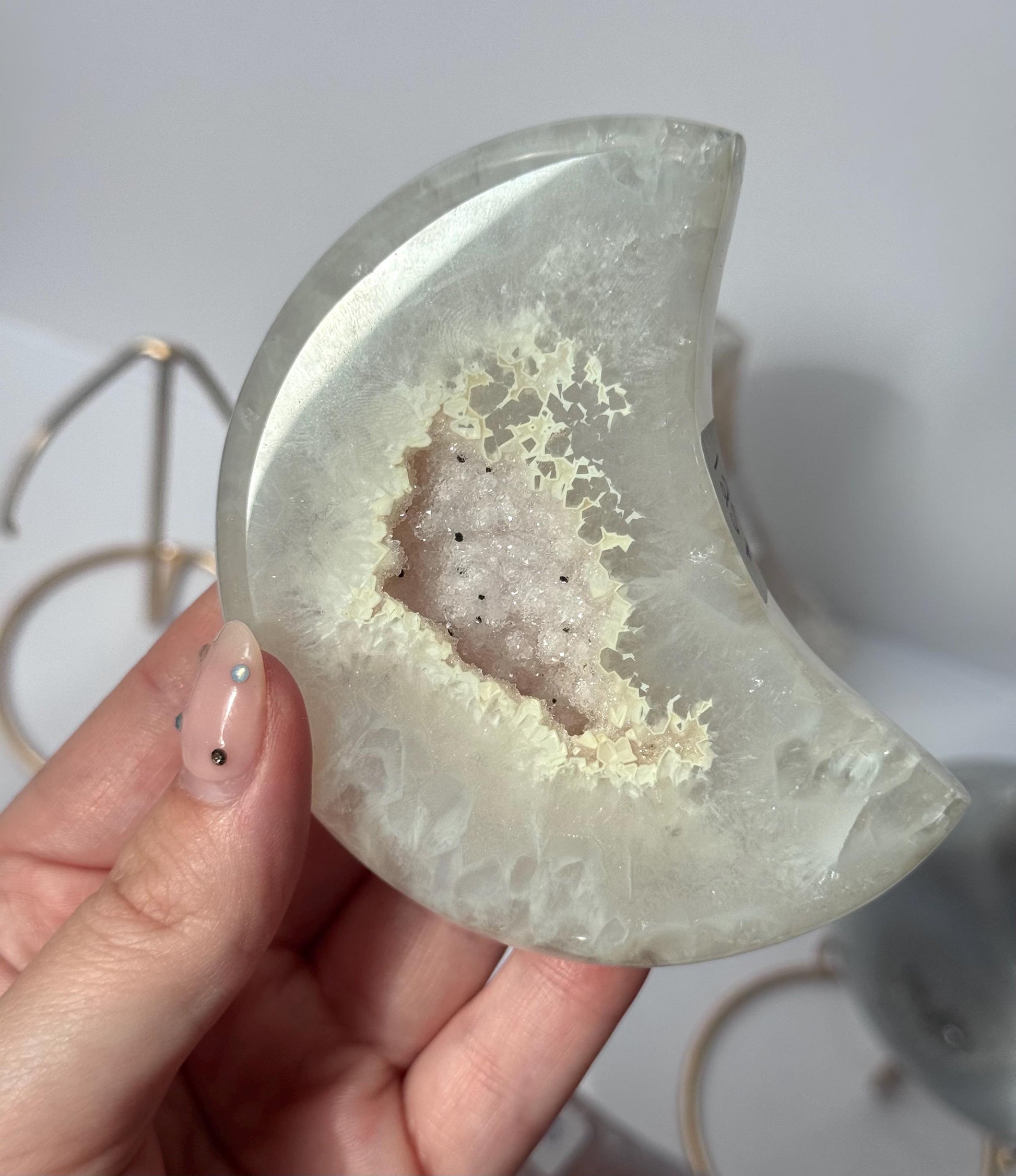 Stunning Druzy Agate Moon with Stand | Sugar Druzy Agate Crescent Moon Carving with Display Stand
