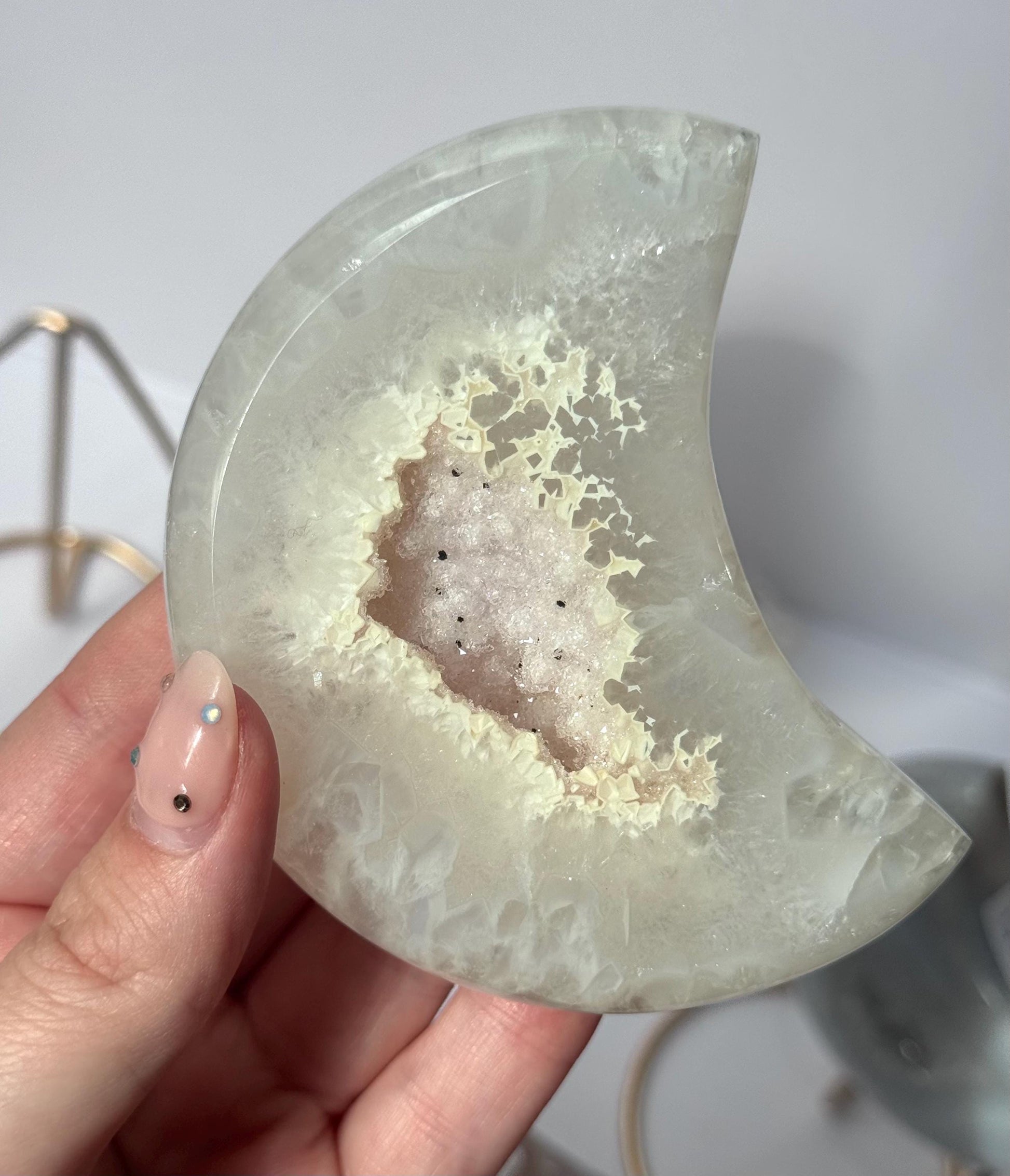 Stunning Druzy Agate Moon with Stand | Sugar Druzy Agate Crescent Moon Carving with Display Stand