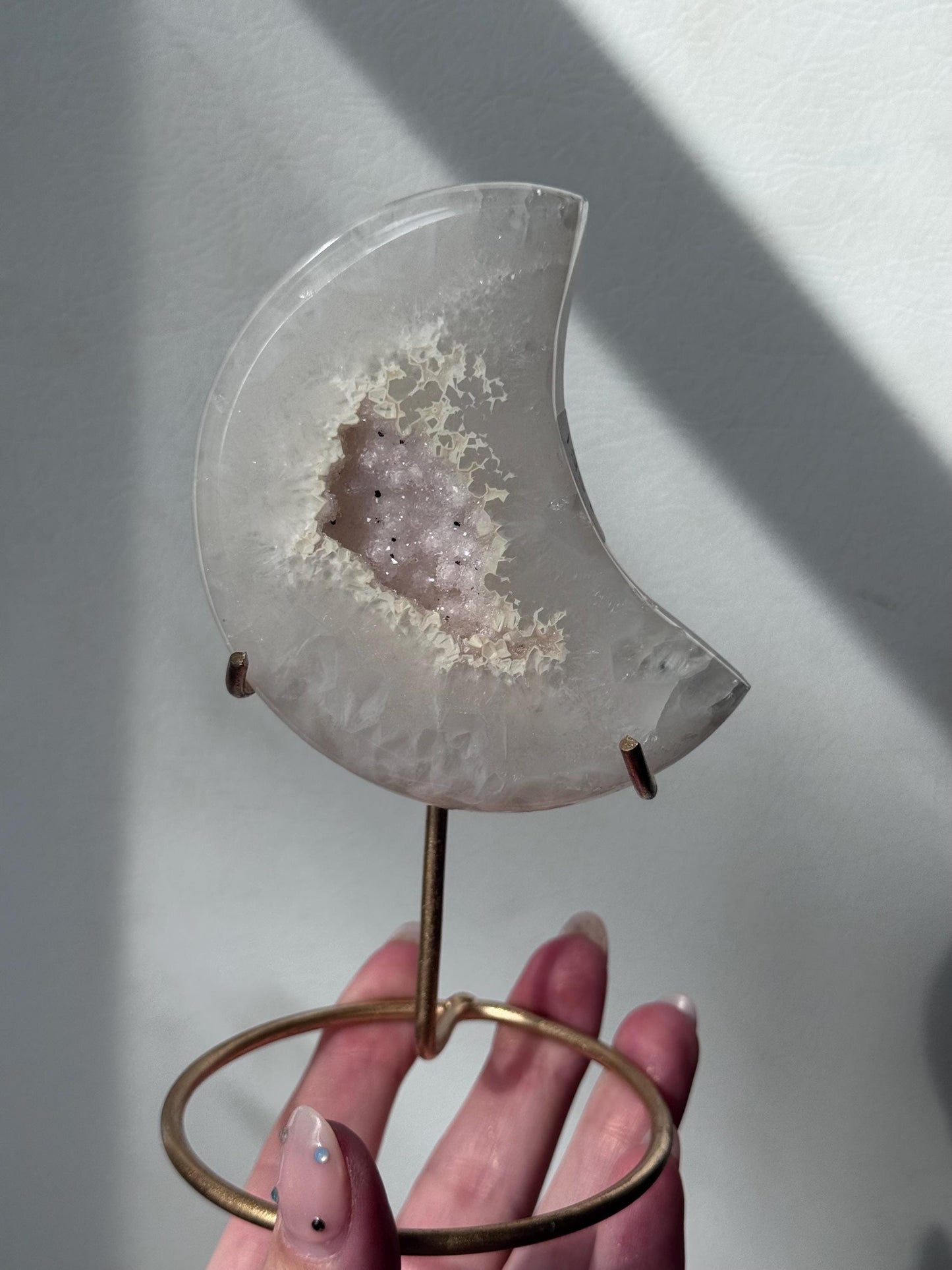 Stunning Druzy Agate Moon with Stand | Sugar Druzy Agate Crescent Moon Carving with Display Stand