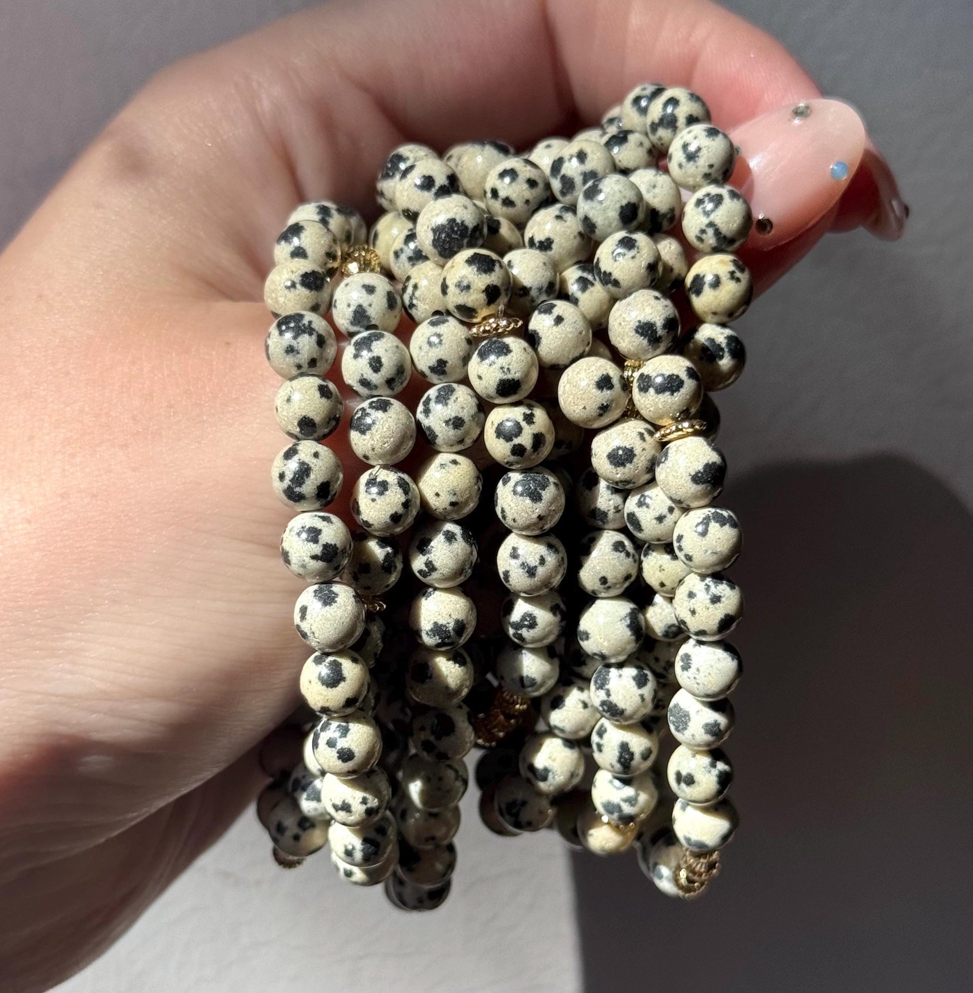 Beautiful Dalmatian Jasper 6mm Bracelet | Dalmatian Jasper Beaded Bracelet with 18KT Gold Accent Beads