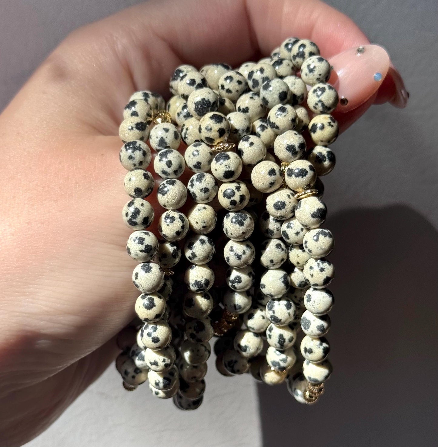 Beautiful Dalmatian Jasper 6mm Bracelet | Dalmatian Jasper Beaded Bracelet with 18KT Gold Accent Beads