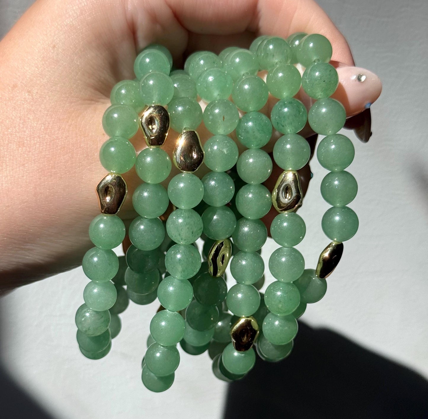 Beautiful Green Aventurine Bracelet with 18KT Gold Plated Accent Beads | 8mm Green Aventurine Beaded Bracelet