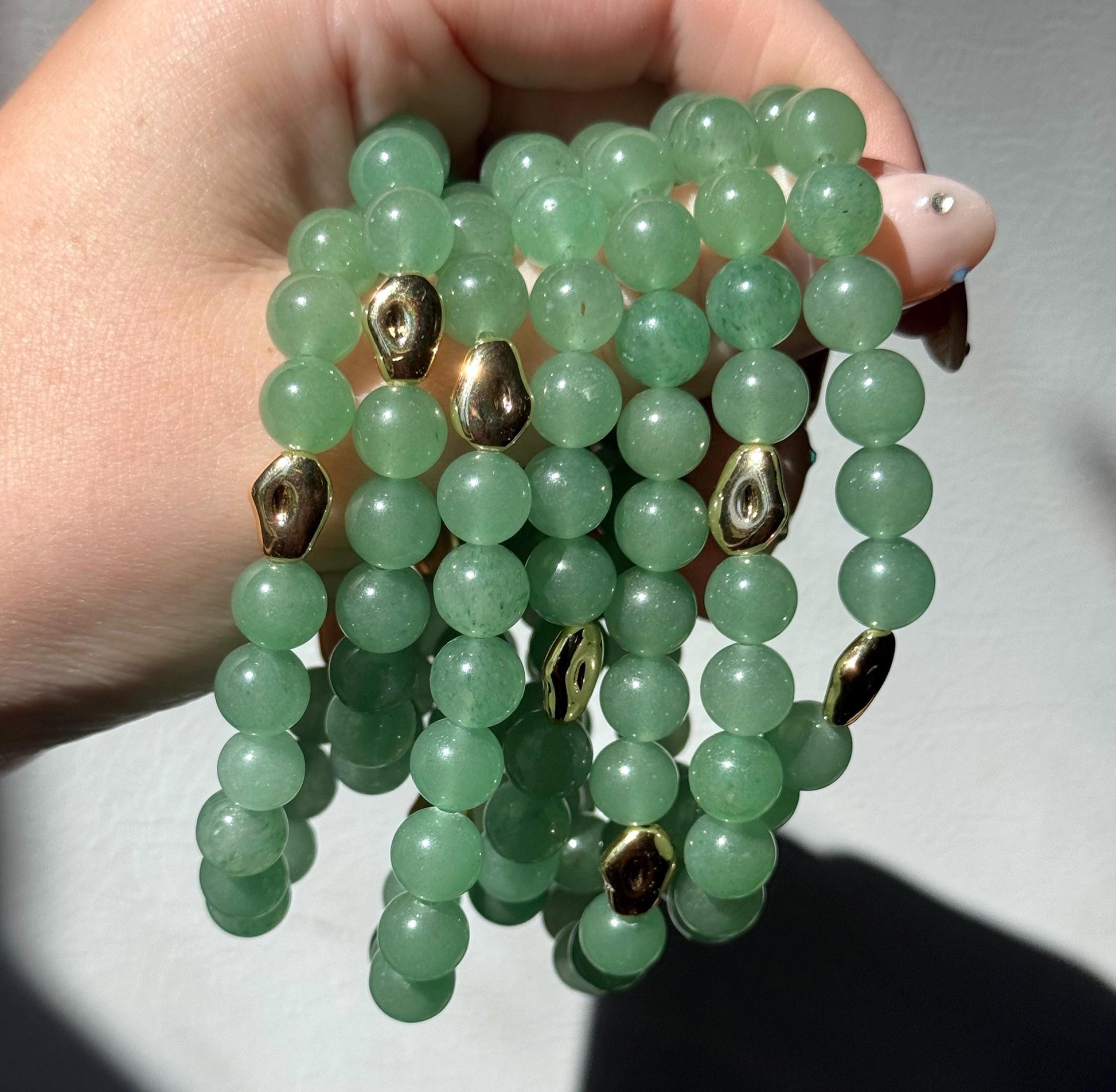 Beautiful Green Aventurine Bracelet with 18KT Gold Plated Accent Beads | 8mm Green Aventurine Beaded Bracelet