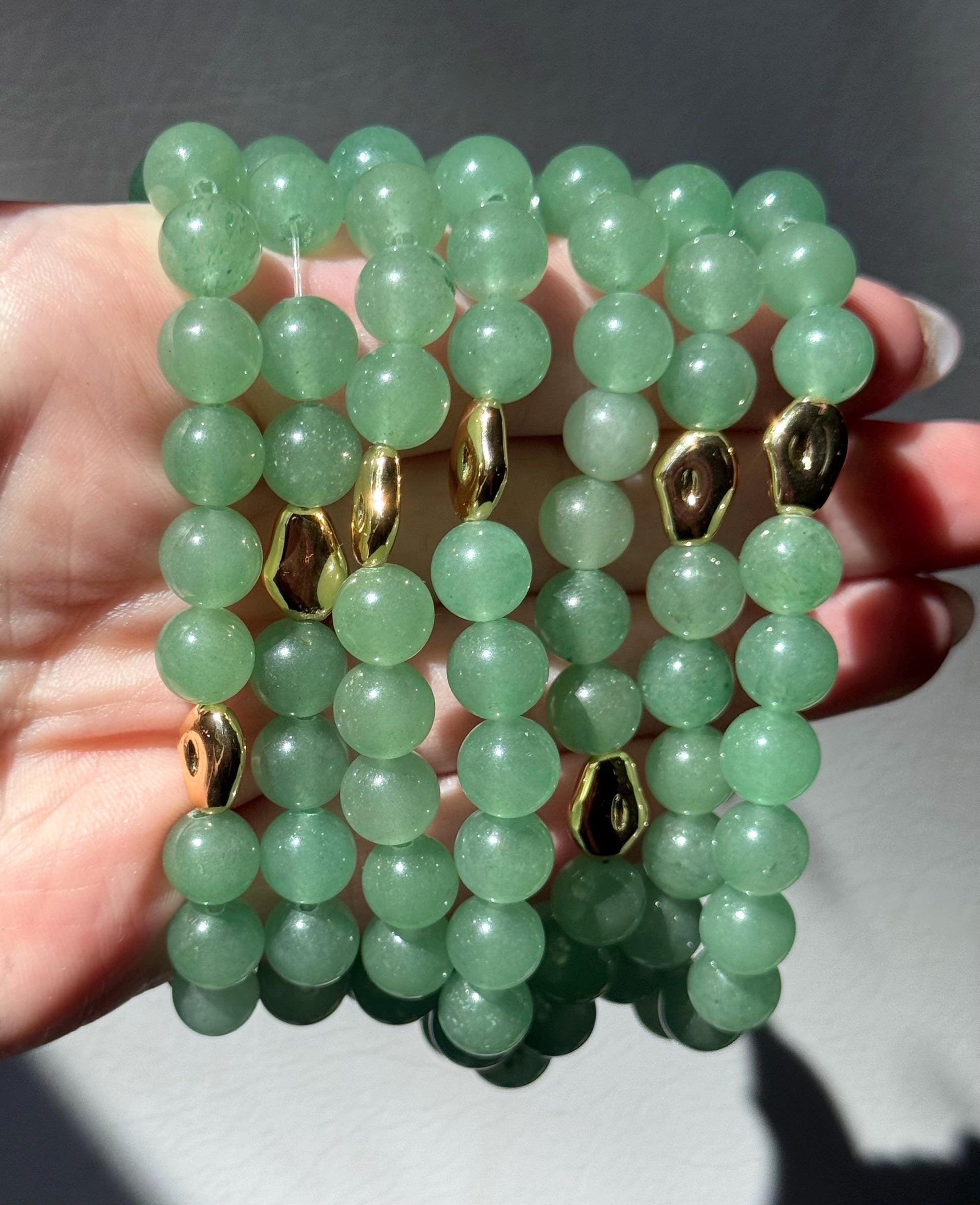 Beautiful Green Aventurine Bracelet with 18KT Gold Plated Accent Beads | 8mm Green Aventurine Beaded Bracelet