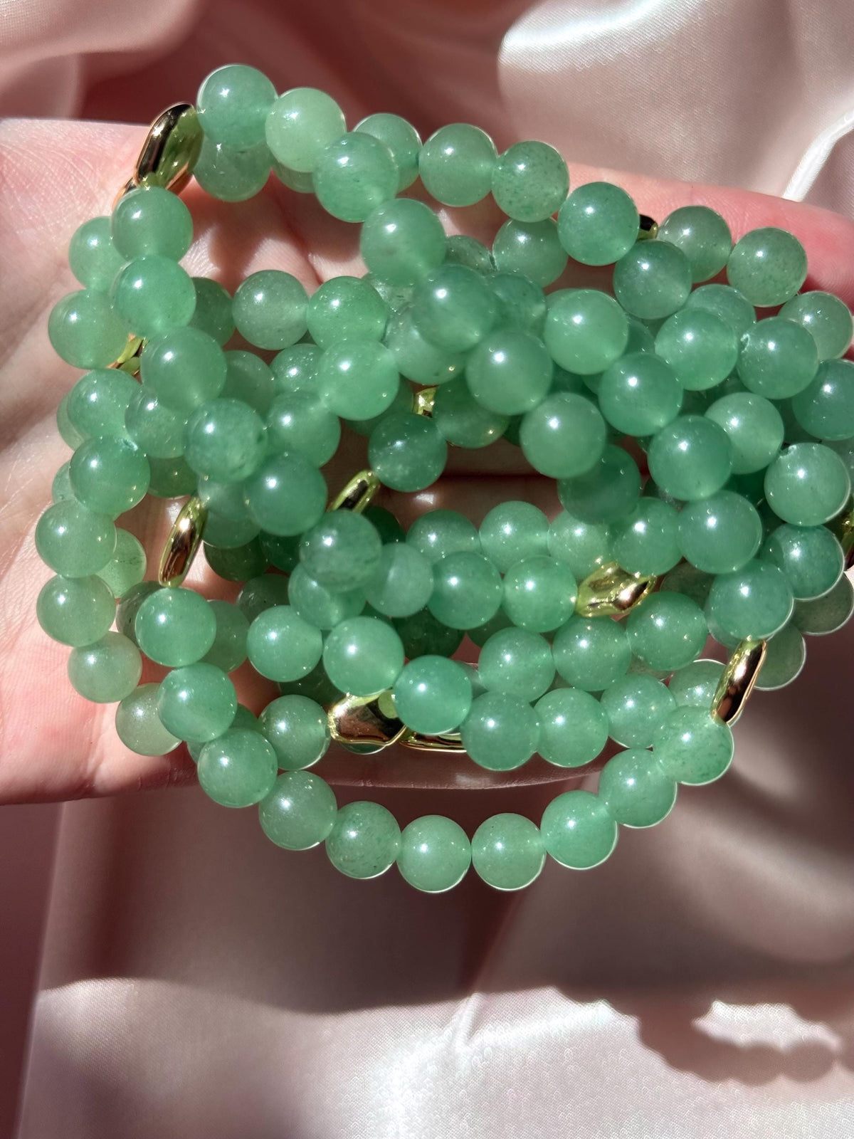 Beautiful Green Aventurine Bracelet with 18KT Gold Plated Accent Beads | 8mm Green Aventurine Beaded Bracelet