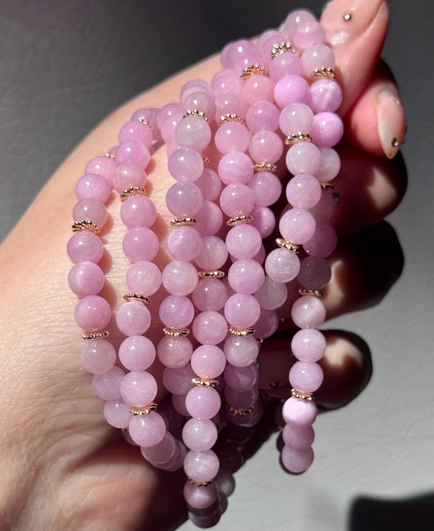 Beautiful Kunzite Bracelet with Gold Plated Accent Beads | 6mm Pink Kunzite Gemstone Bracelet