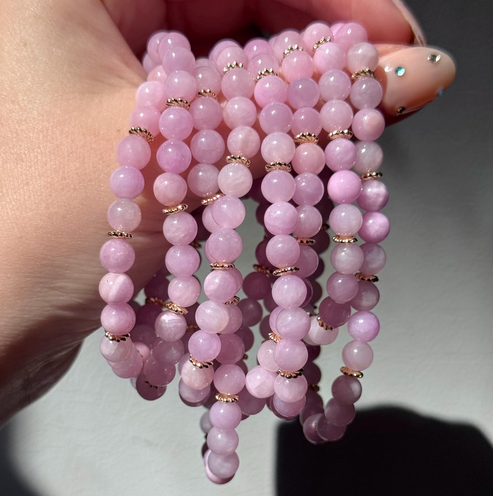 Beautiful Kunzite Bracelet with Gold Plated Accent Beads | 6mm Pink Kunzite Gemstone Bracelet