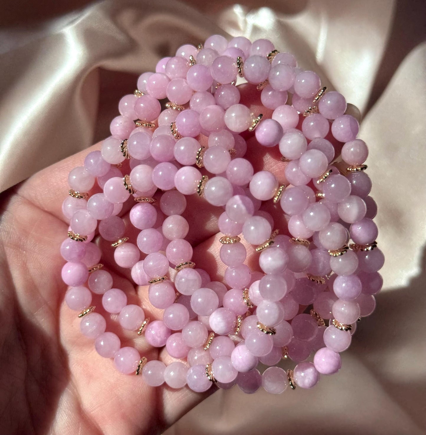 Beautiful Kunzite Bracelet with Gold Plated Accent Beads | 6mm Pink Kunzite Gemstone Bracelet