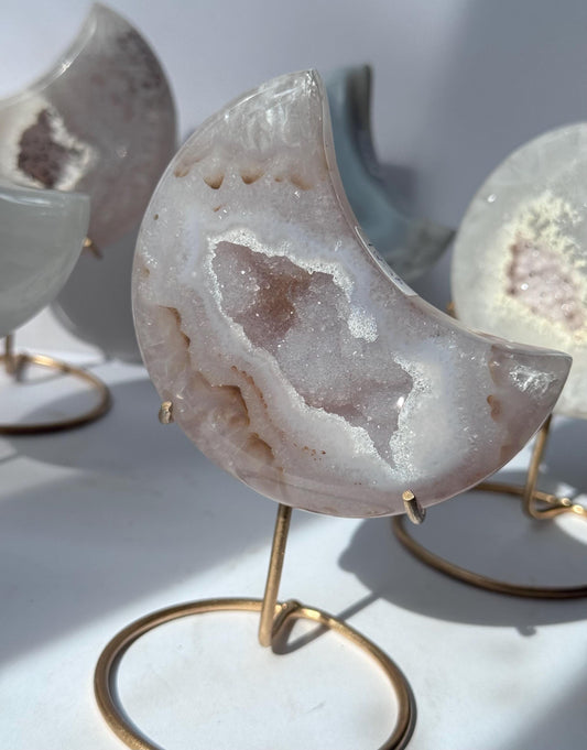 Stunning Druzy Agate Moon with Stand | Sugar Druzy Agate Crescent Moon Carving with Display Stand