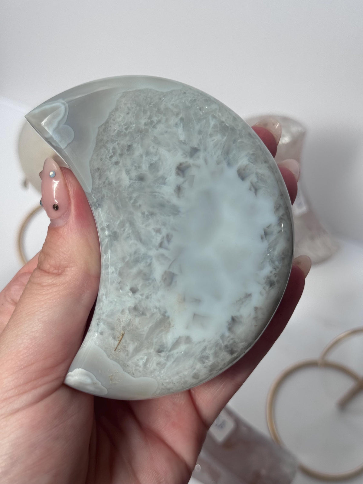 Stunning Druzy Agate Moon with Stand | Sugar Druzy Agate Crescent Moon Carving with Display Stand