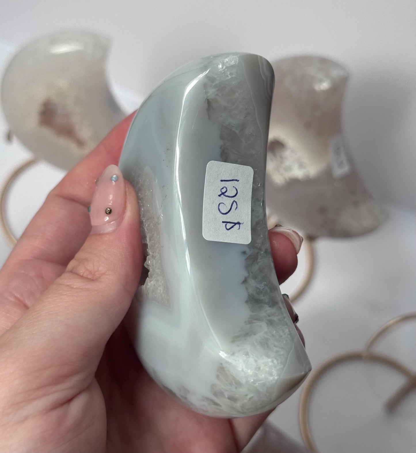 Stunning Druzy Agate Moon with Stand | Sugar Druzy Agate Crescent Moon Carving with Display Stand