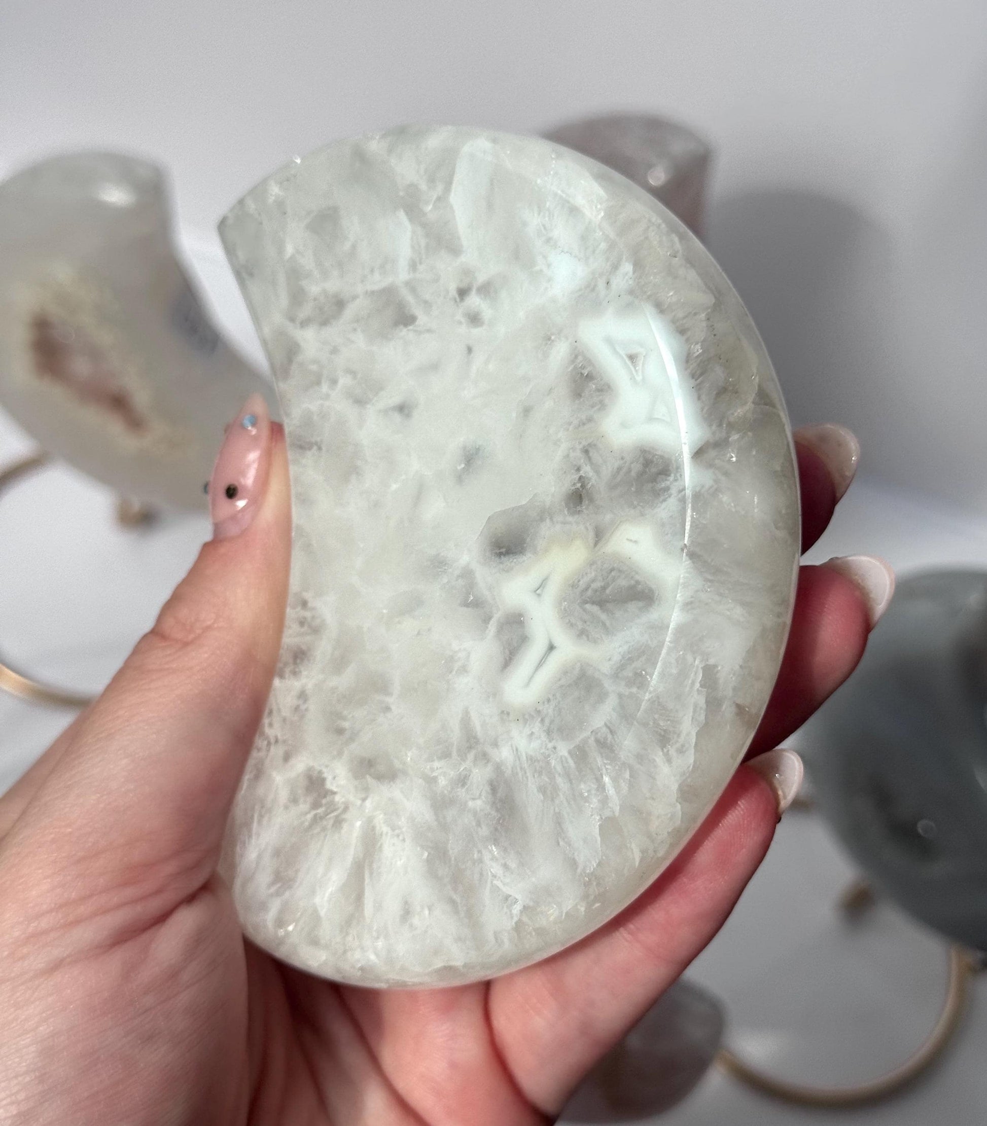 Stunning Druzy Agate Moon with Stand | Sugar Druzy Agate Crescent Moon Carving with Display Stand