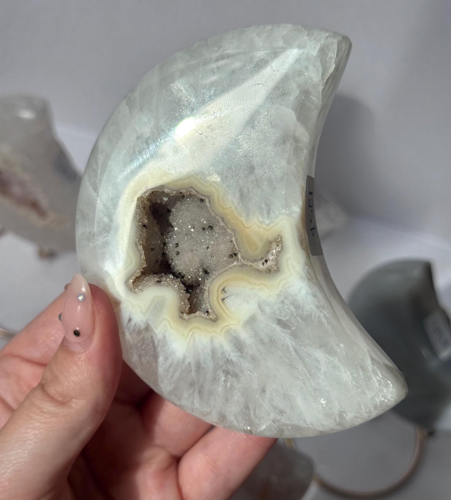 Stunning Druzy Agate Moon with Stand | Sugar Druzy Agate Crescent Moon Carving with Display Stand