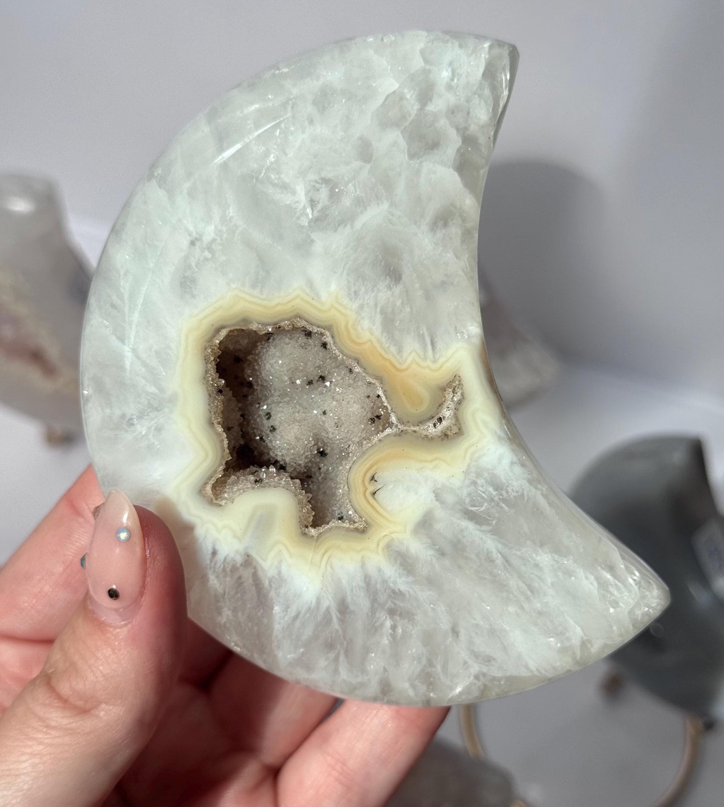 Stunning Druzy Agate Moon with Stand | Sugar Druzy Agate Crescent Moon Carving with Display Stand