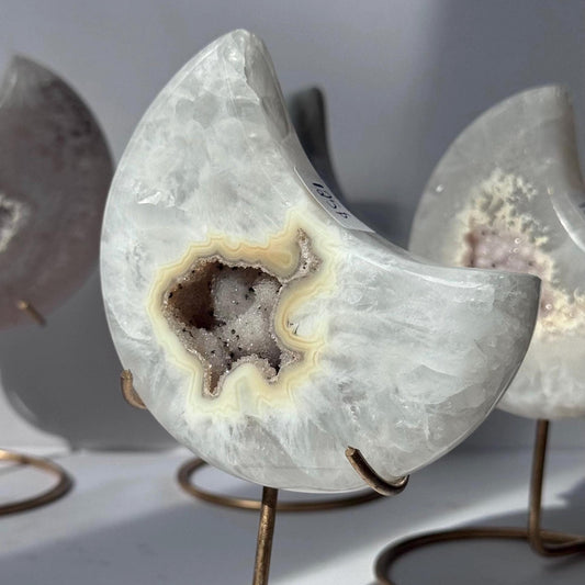 Stunning Druzy Agate Moon with Stand | Sugar Druzy Agate Crescent Moon Carving with Display Stand