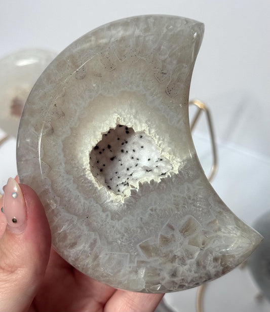 Stunning Druzy Agate Moon with Stand | Sugar Druzy Agate Crescent Moon Carving with Display Stand