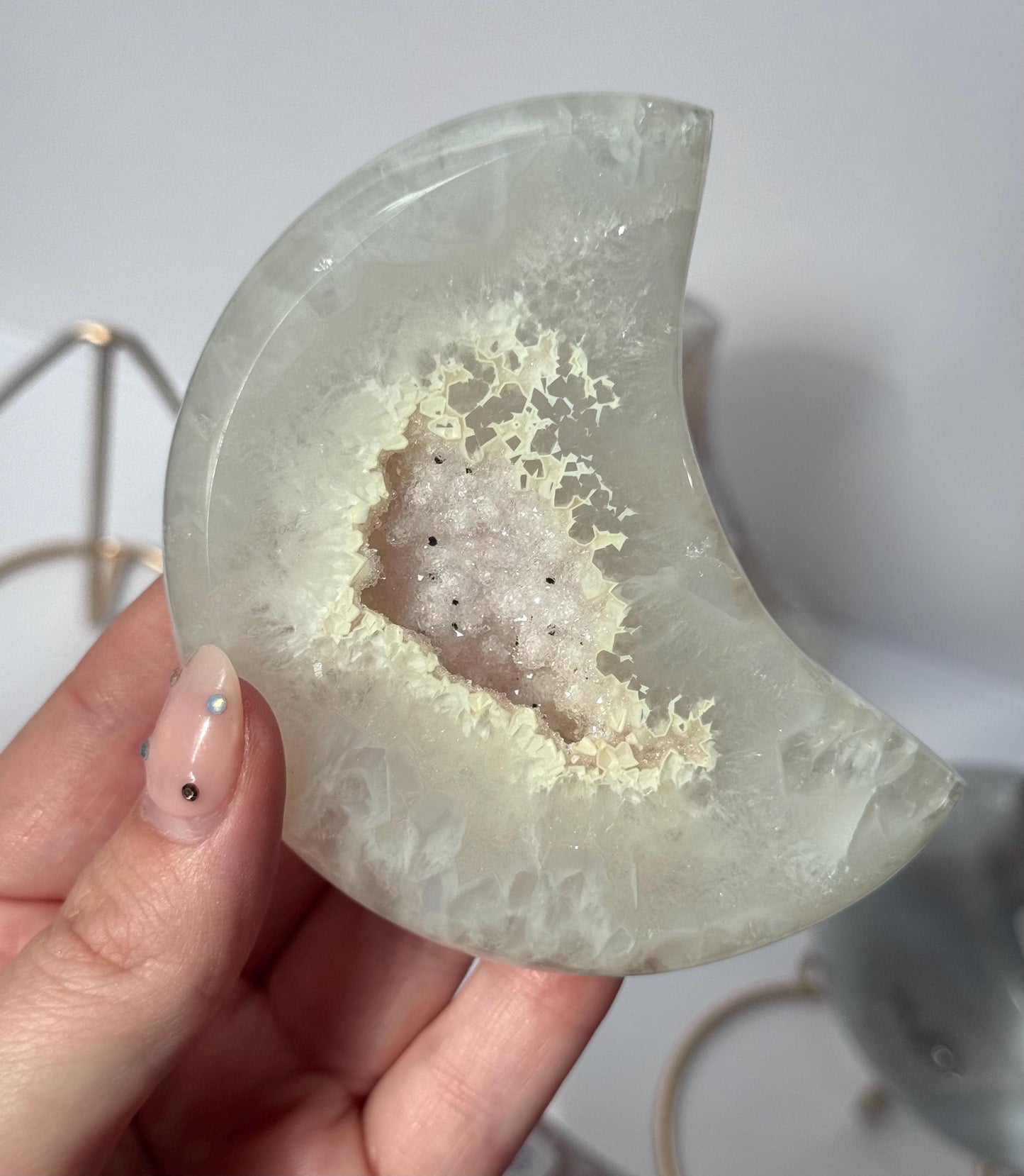 Stunning Druzy Agate Moon with Stand | Sugar Druzy Agate Crescent Moon Carving with Display Stand