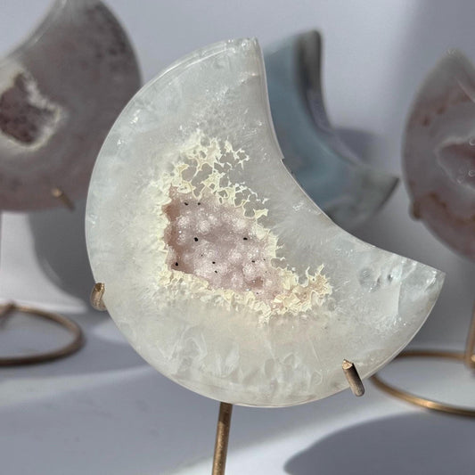 Stunning Druzy Agate Moon with Stand | Sugar Druzy Agate Crescent Moon Carving with Display Stand
