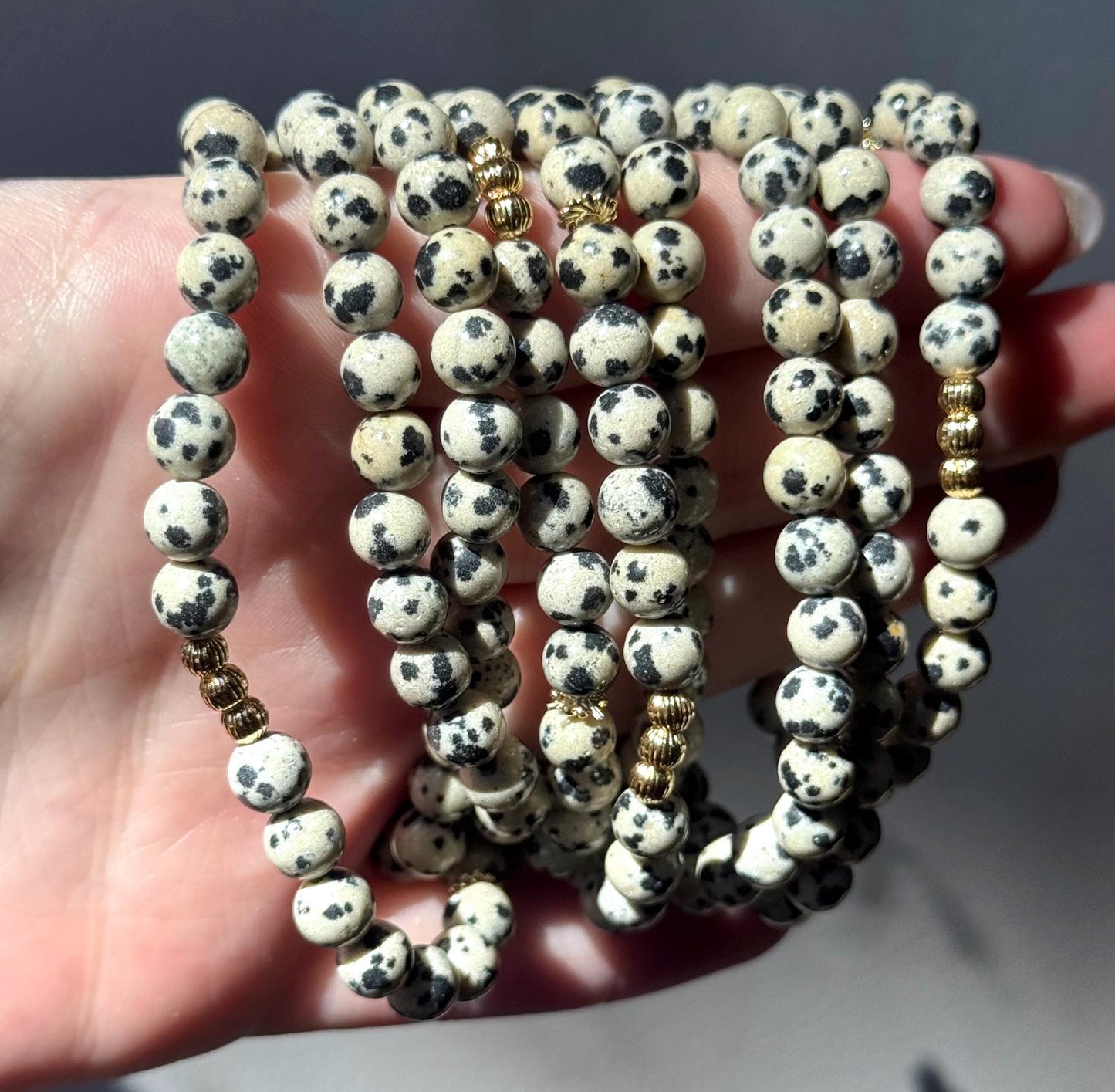 Beautiful Dalmatian Jasper 6mm Bracelet | Dalmatian Jasper Beaded Bracelet with 18KT Gold Accent Beads