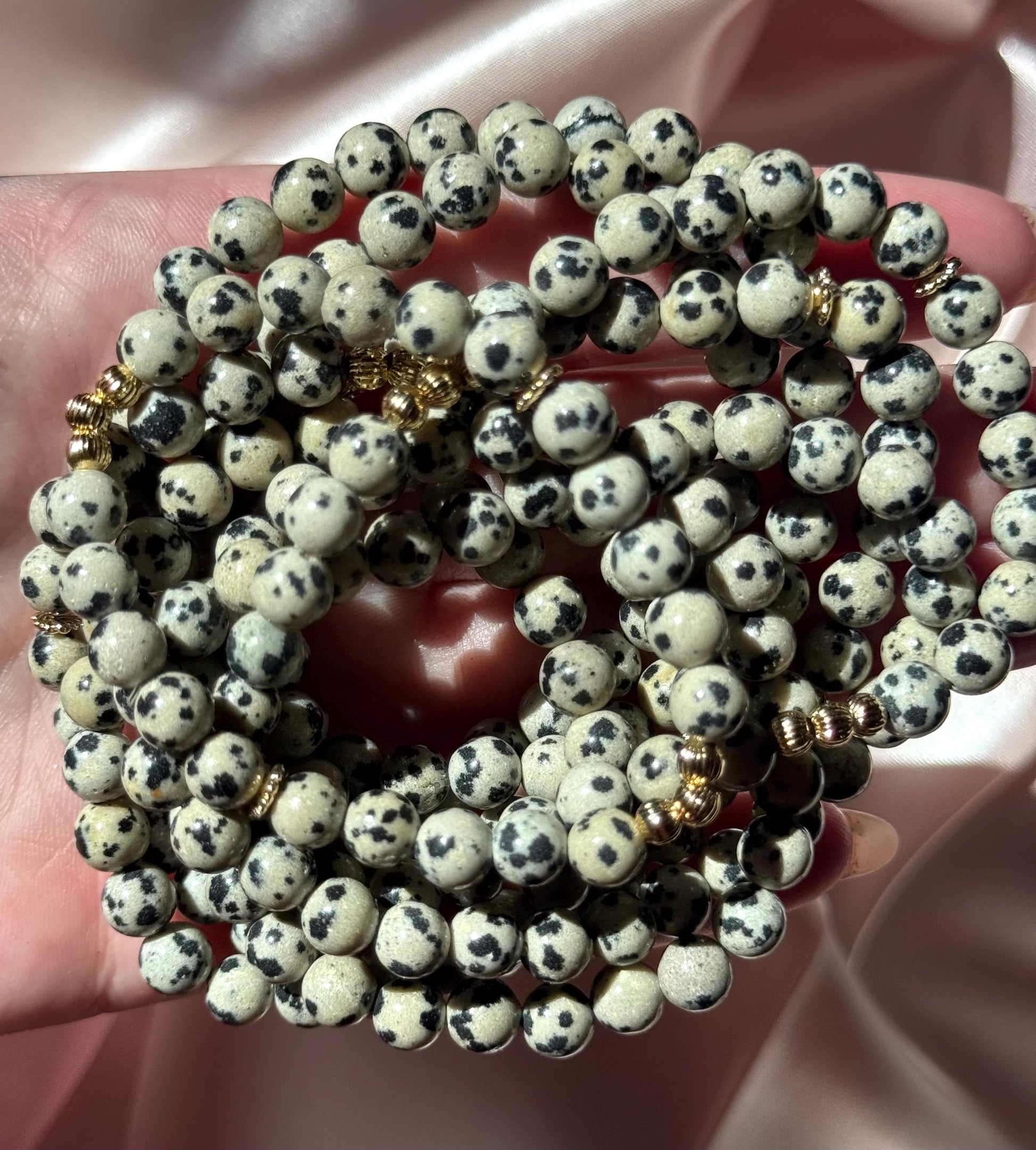 Beautiful Dalmatian Jasper 6mm Bracelet | Dalmatian Jasper Beaded Bracelet with 18KT Gold Accent Beads