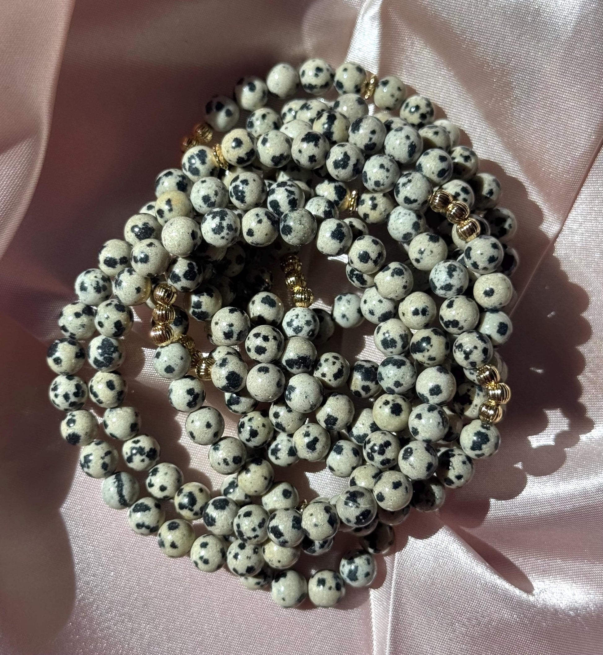 Beautiful Dalmatian Jasper 6mm Bracelet | Dalmatian Jasper Beaded Bracelet with 18KT Gold Accent Beads