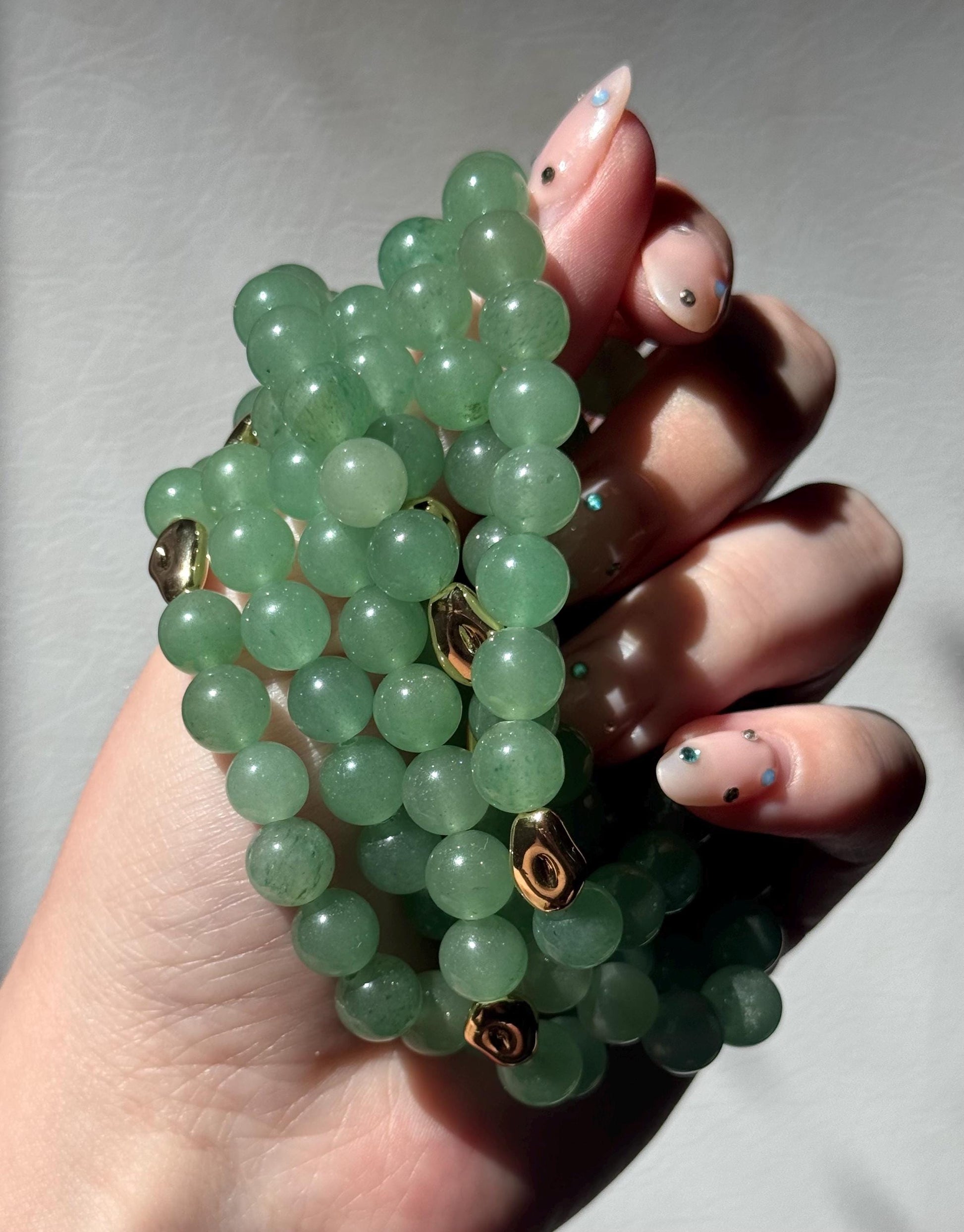 Beautiful Green Aventurine Bracelet with 18KT Gold Plated Accent Beads | 8mm Green Aventurine Beaded Bracelet