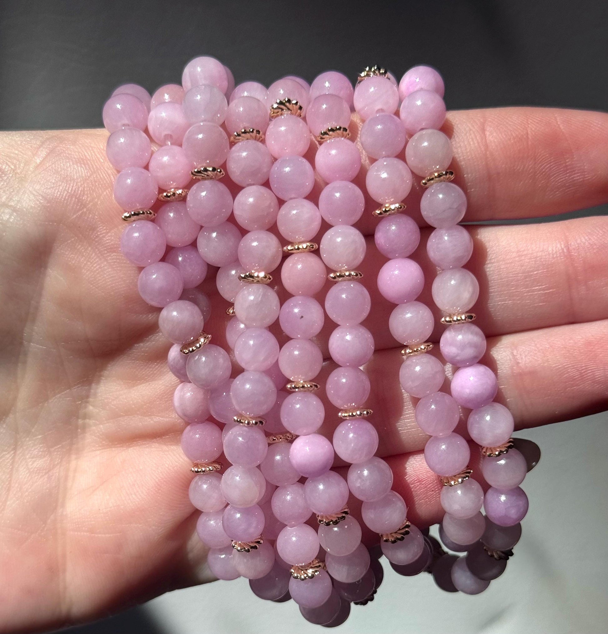 Beautiful Kunzite Bracelet with Gold Plated Accent Beads | 6mm Pink Kunzite Gemstone Bracelet