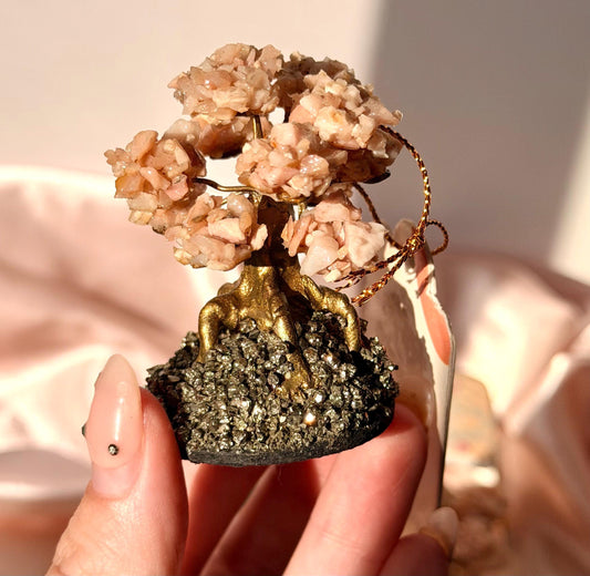 Beautiful Pink Opal Mini Tree with Pyrite Base | One Intuitively Chosen Pink Opal Tree