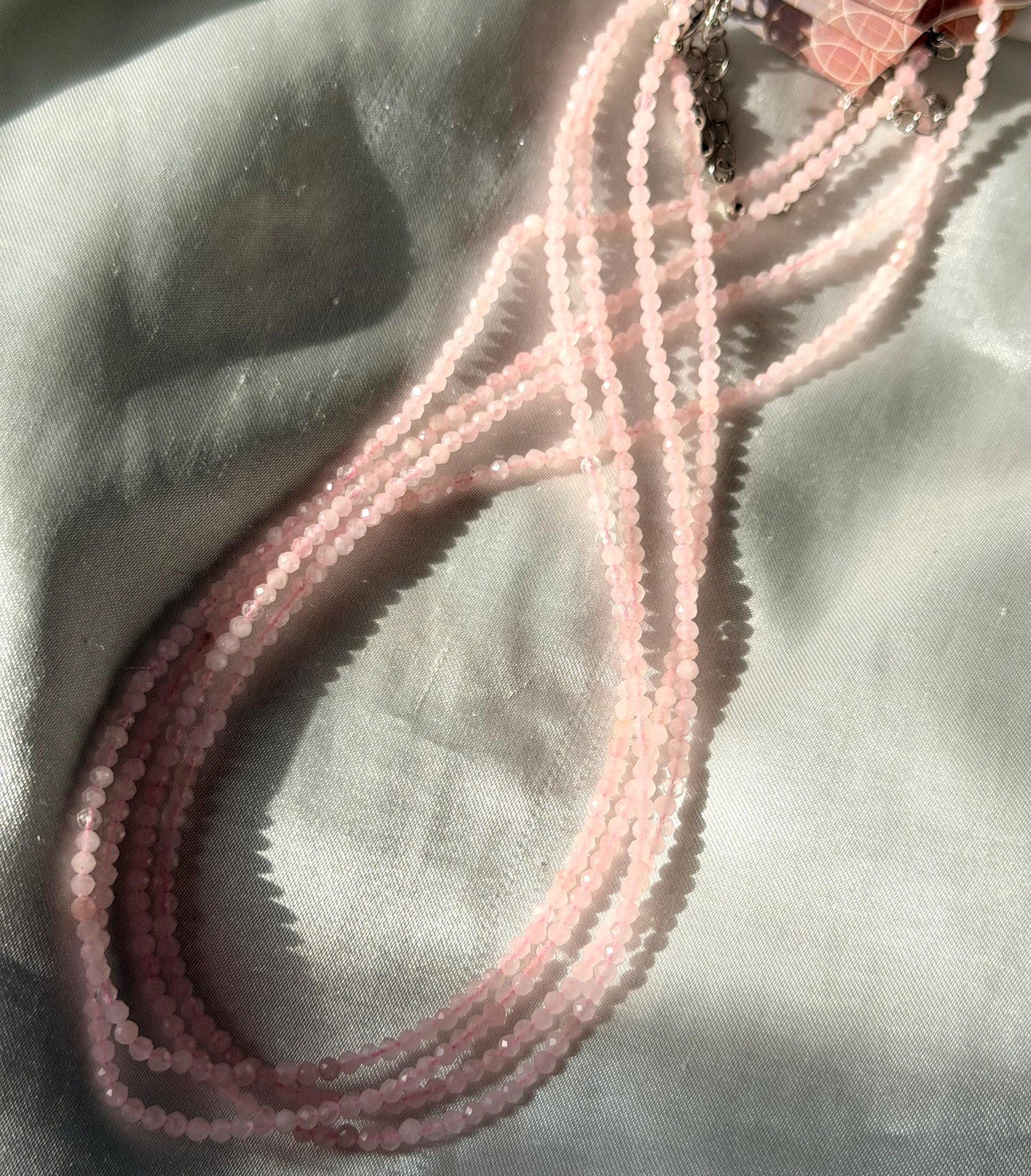 Beautiful Rose Quartz Necklace | 3mm Rose Quartz Beaded Adjustable Necklace