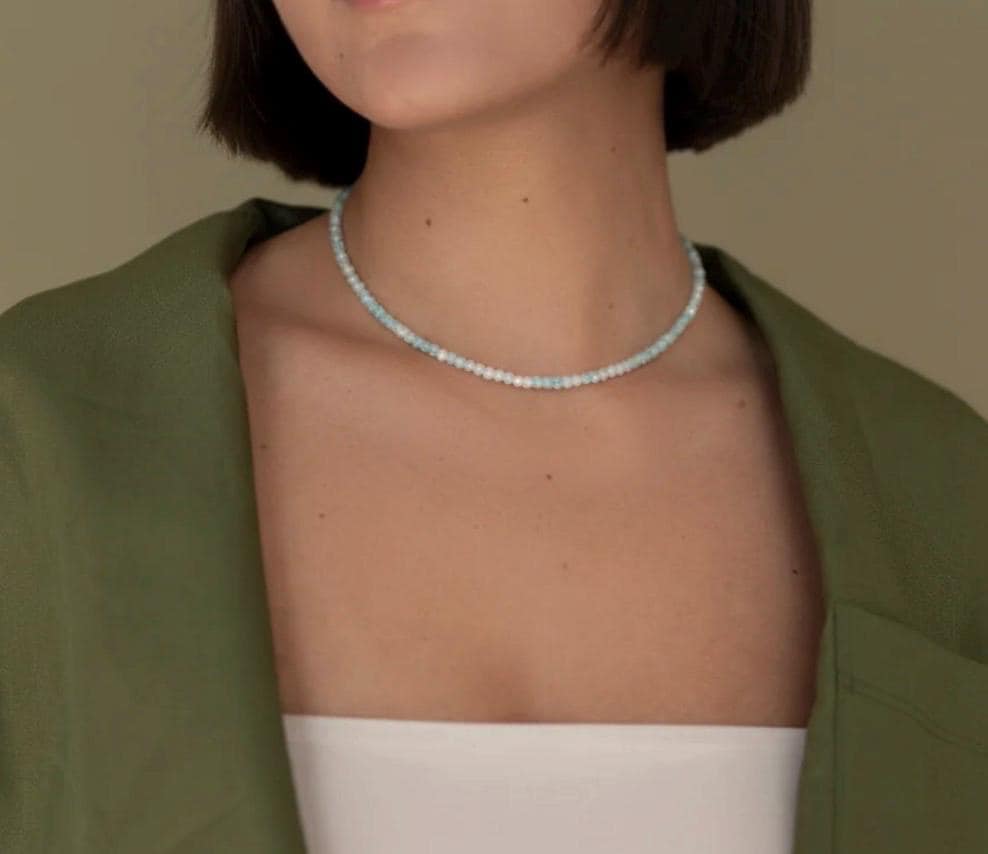 Beautiful Aquamarine Necklace | One (1) 3mm Aquamarine Beaded Necklace Adjustable