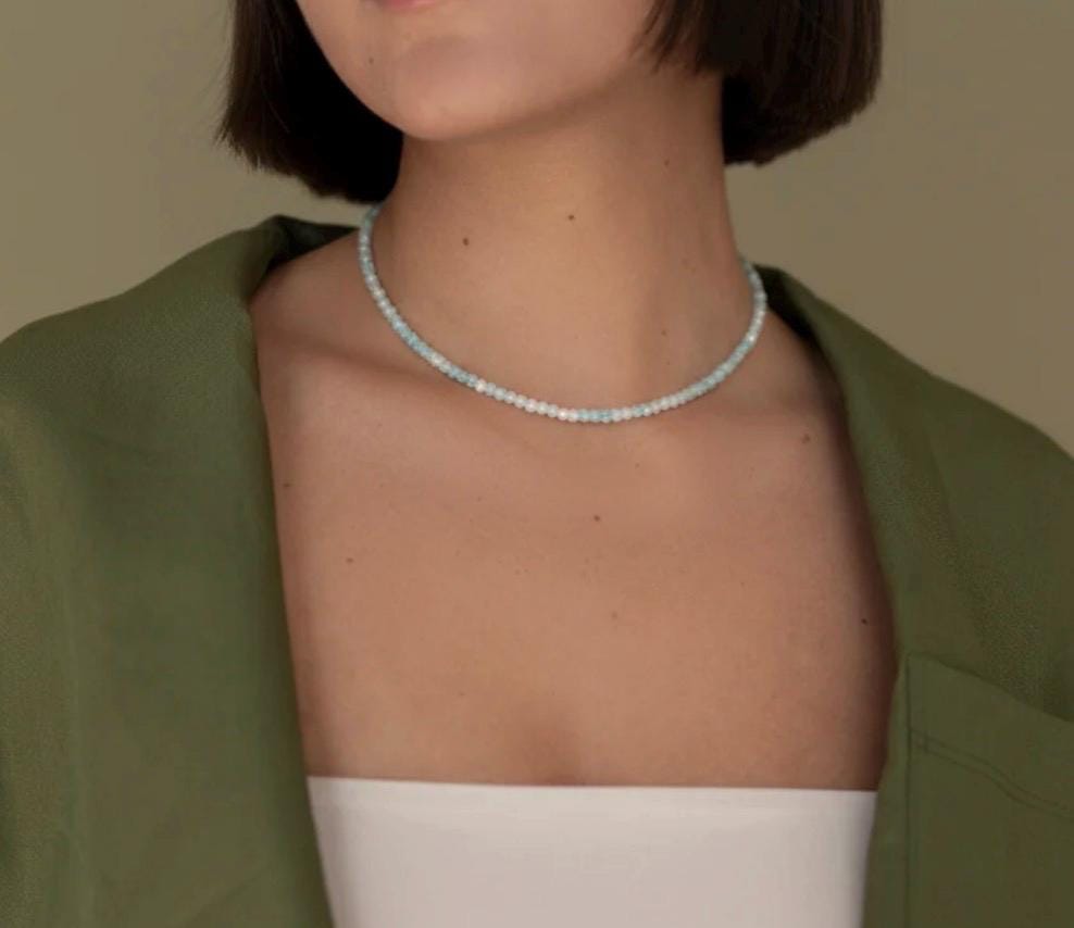 Beautiful Aquamarine Necklace | One (1) 3mm Aquamarine Beaded Necklace Adjustable