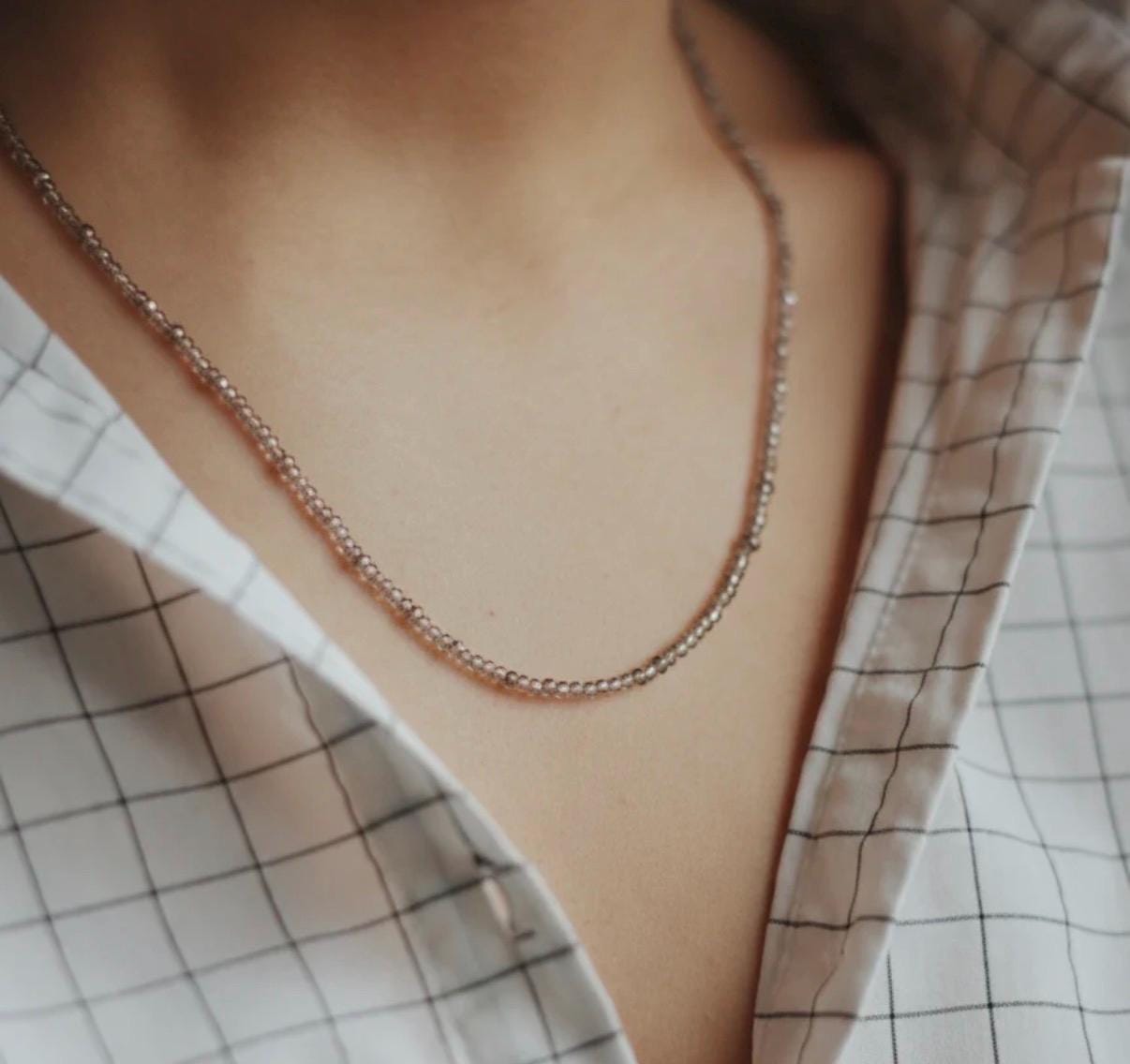 Beautiful Smoky Quartz Necklace | 3mm Smokey Quartz Beaded Necklace Adjustable