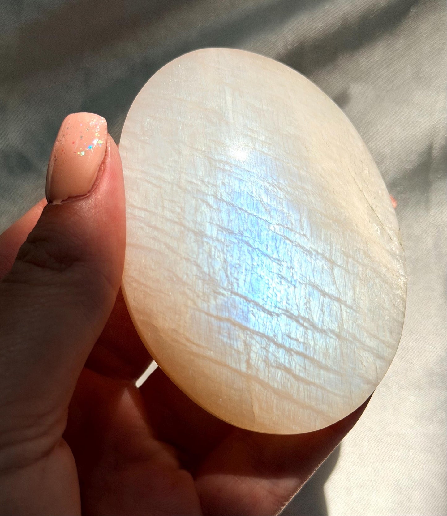 Stunning Moonstone Palm Stone with Blue Flash | Flashy White Moonstone Worry Stone