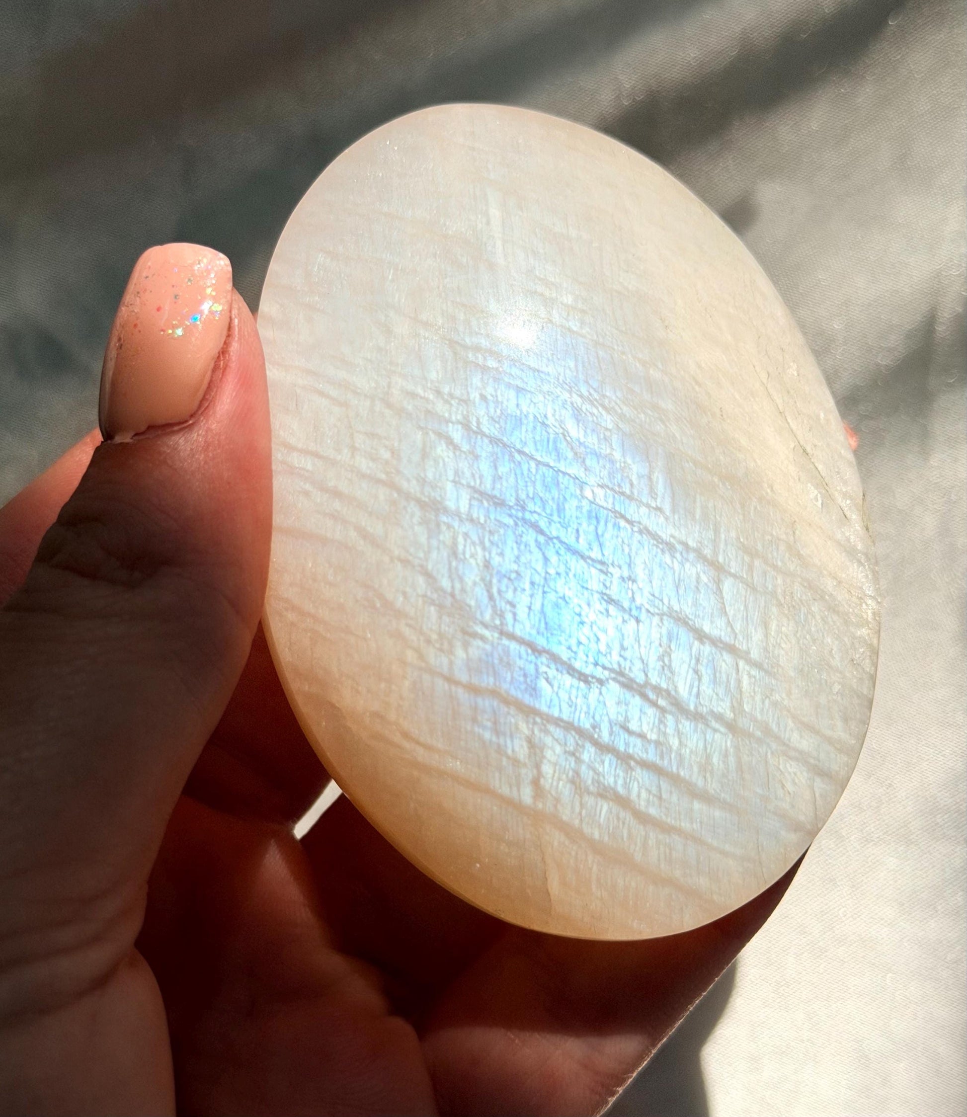 Stunning Moonstone Palm Stone with Blue Flash | Flashy White Moonstone Worry Stone
